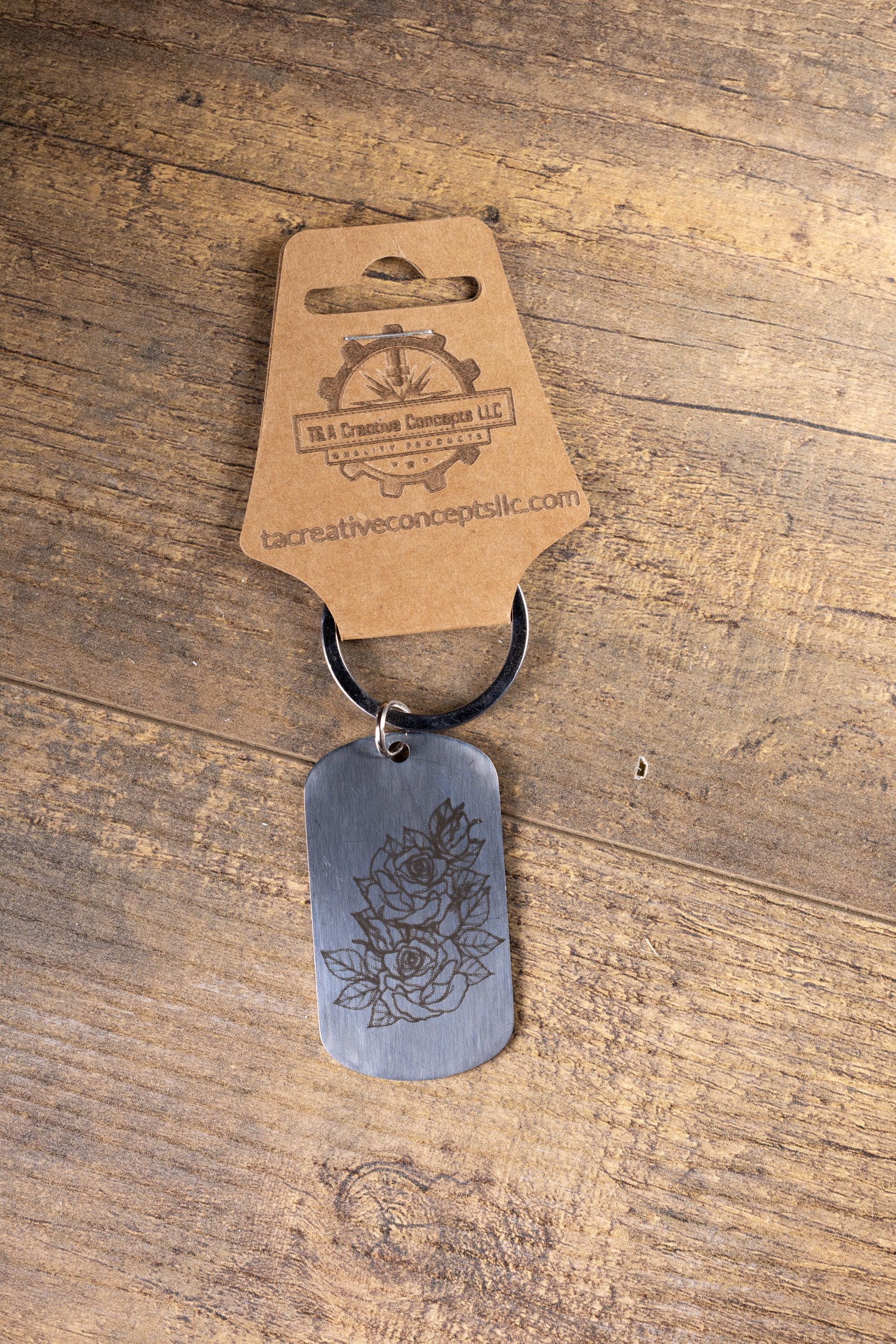 Polished stainless steel roses keychain | laser engraved both sides | floral gift | elegant durable key ring