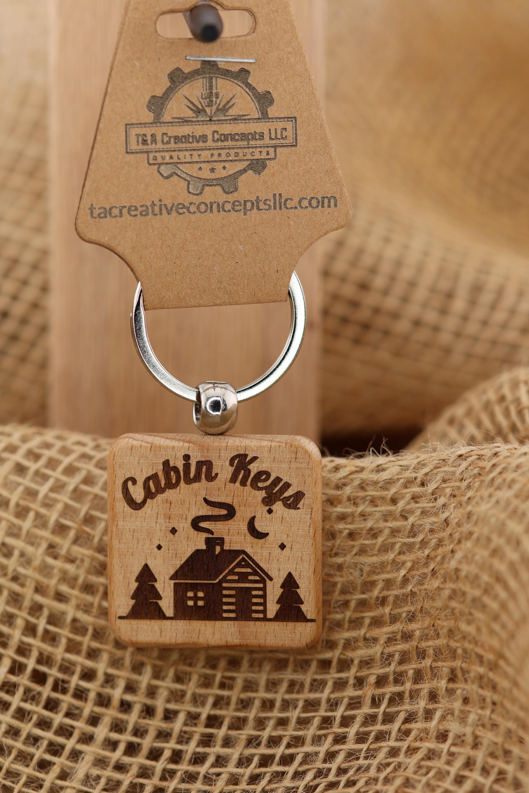 Laser Engraved Cabin Keys Keychain: rustic hardwood, stainless steel