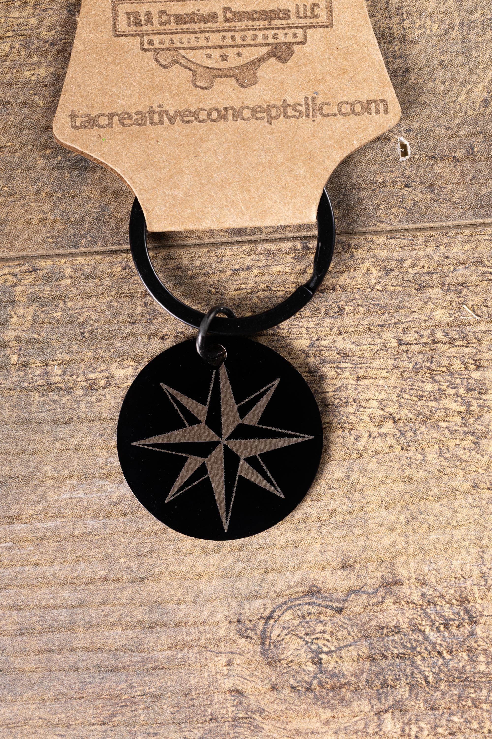 Black stainless steel nautical star keychain | laser engraved both sides | compass star gift