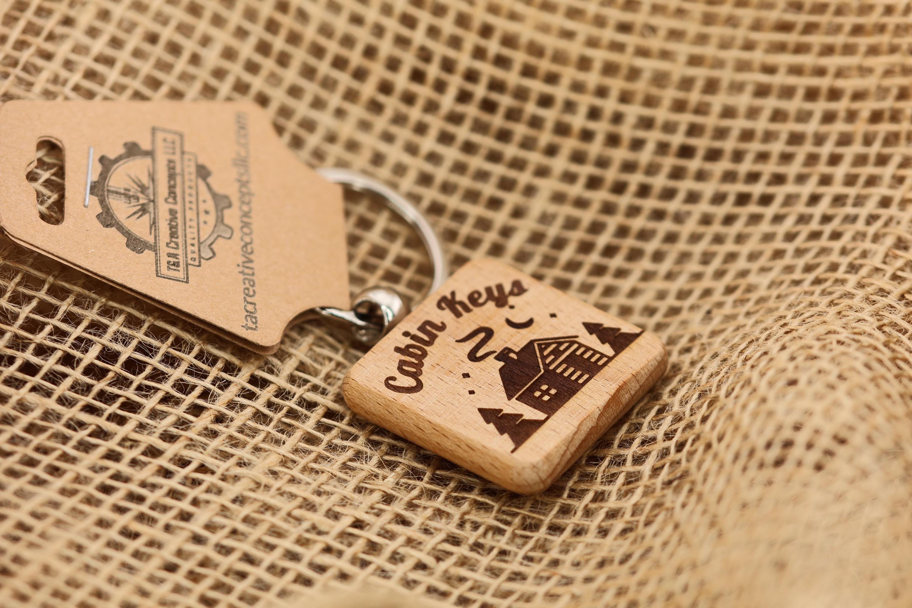 Laser Engraved Cabin Keys Keychain: rustic hardwood, stainless steel