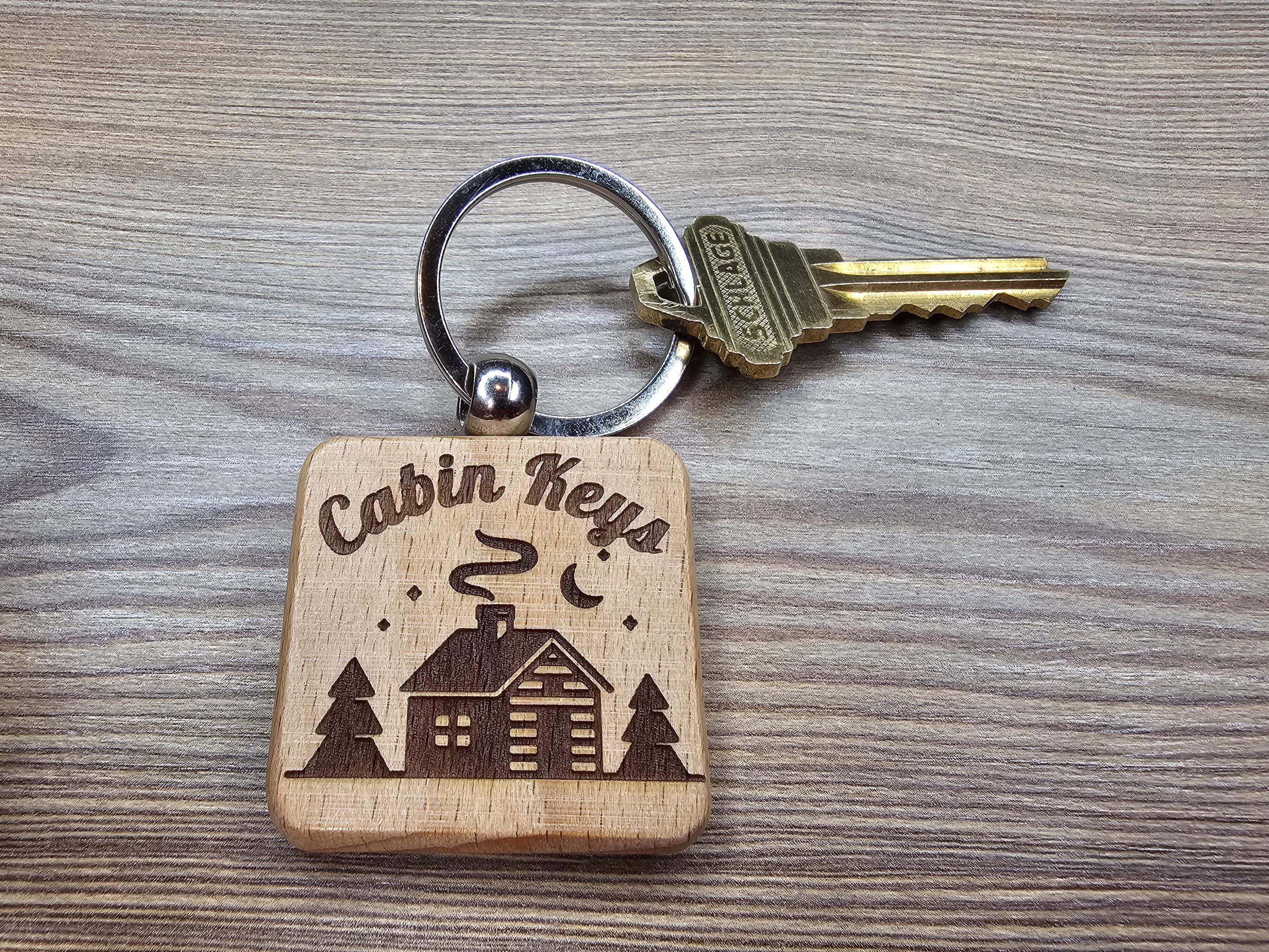Laser Engraved Cabin Keys Keychain: rustic hardwood, stainless steel