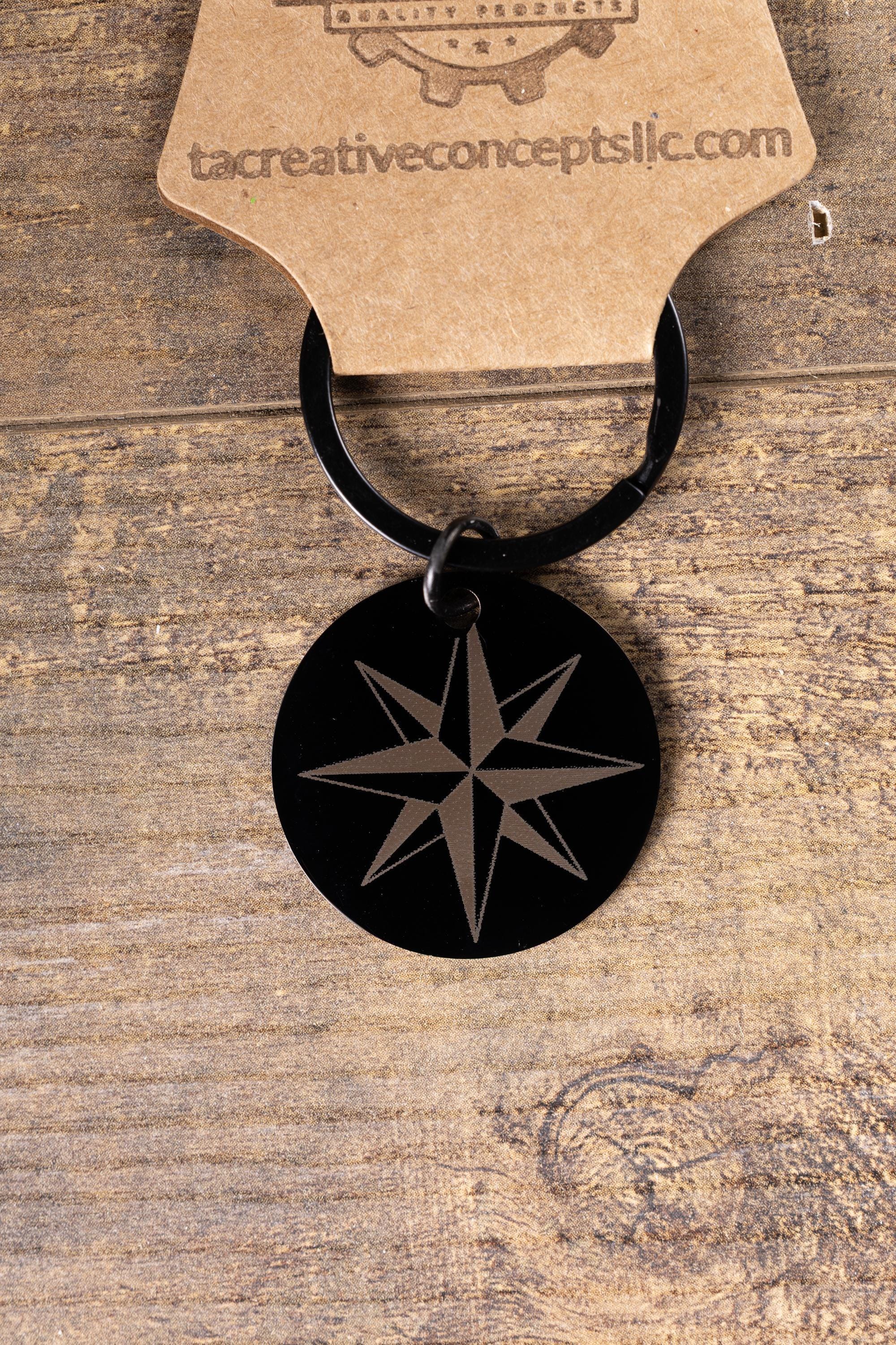 Black stainless steel nautical star keychain | laser engraved both sides | compass star gift