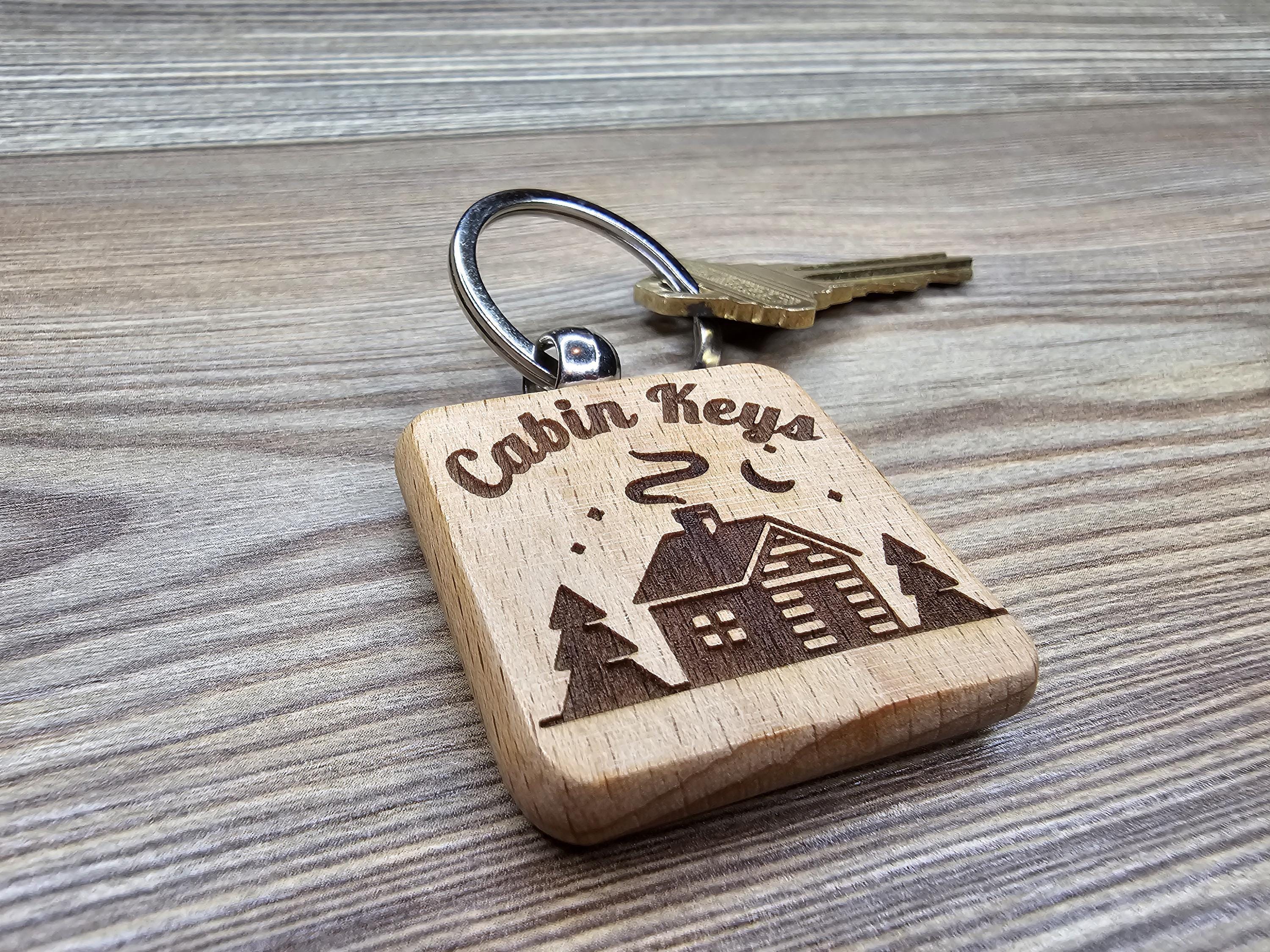 Laser Engraved Cabin Keys Keychain: rustic hardwood, stainless steel