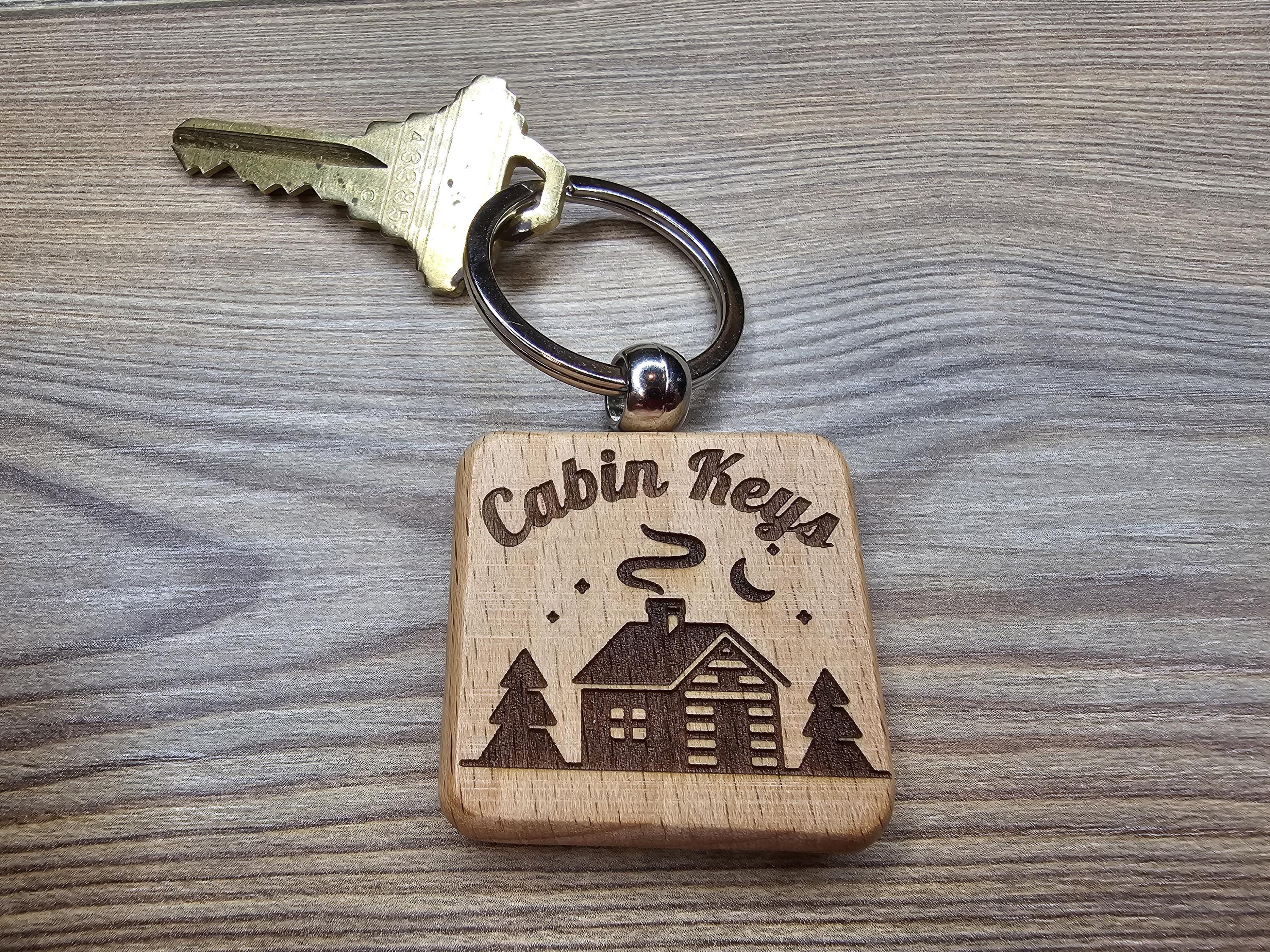 Laser Engraved Cabin Keys Keychain: rustic hardwood, stainless steel