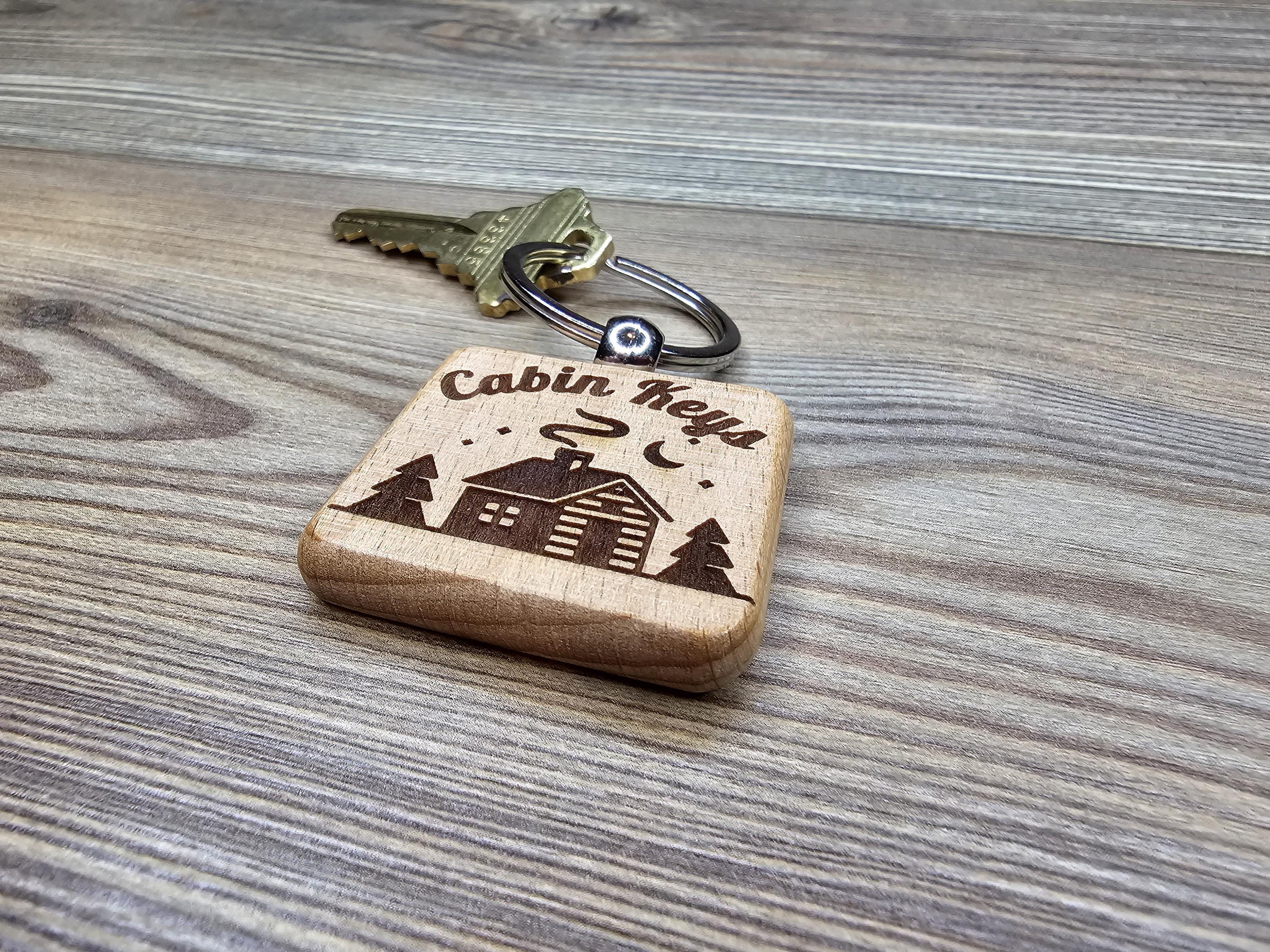 Laser Engraved Cabin Keys Keychain: rustic hardwood, stainless steel
