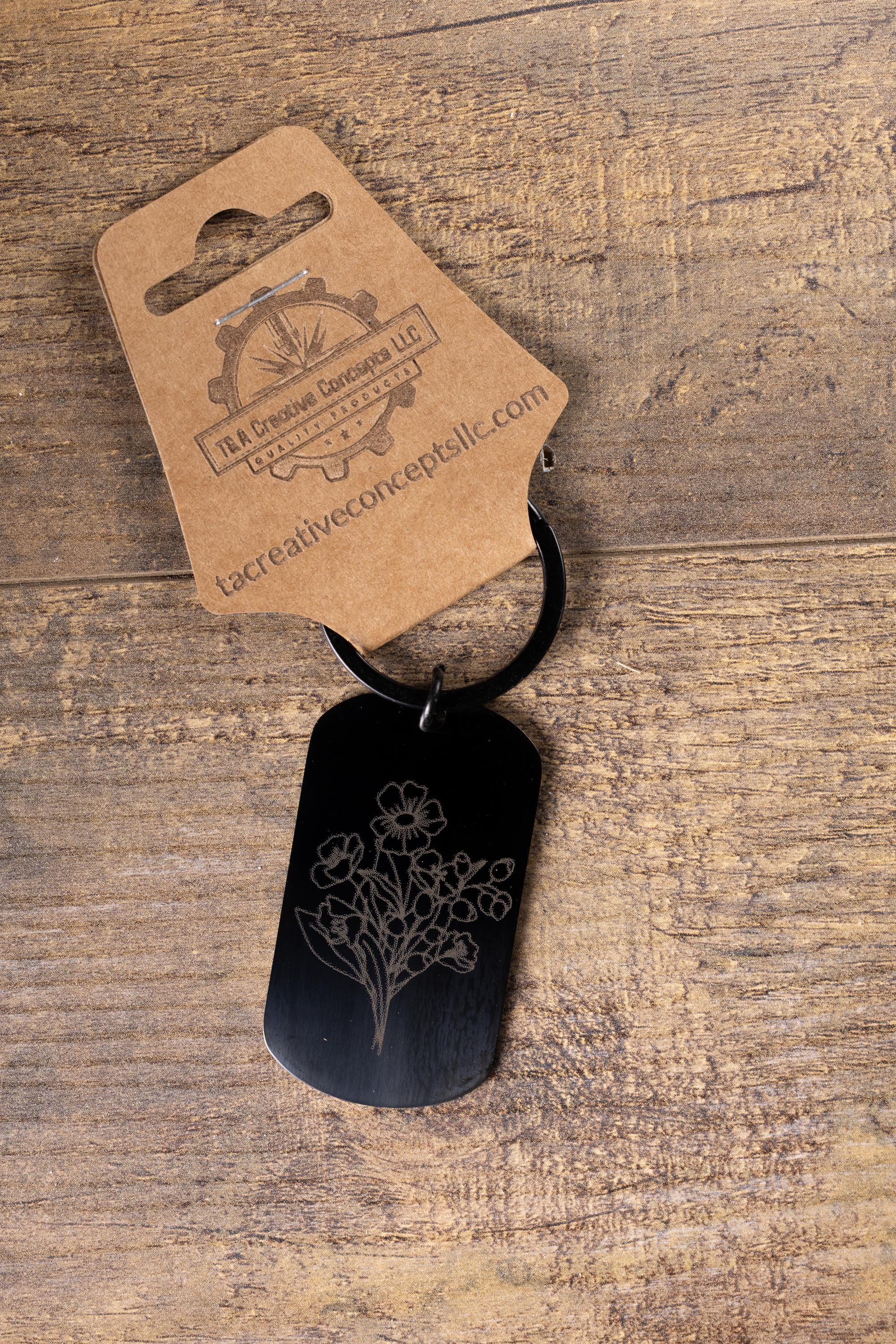 Laser engraved floral keychain: black stainless steel flower gift