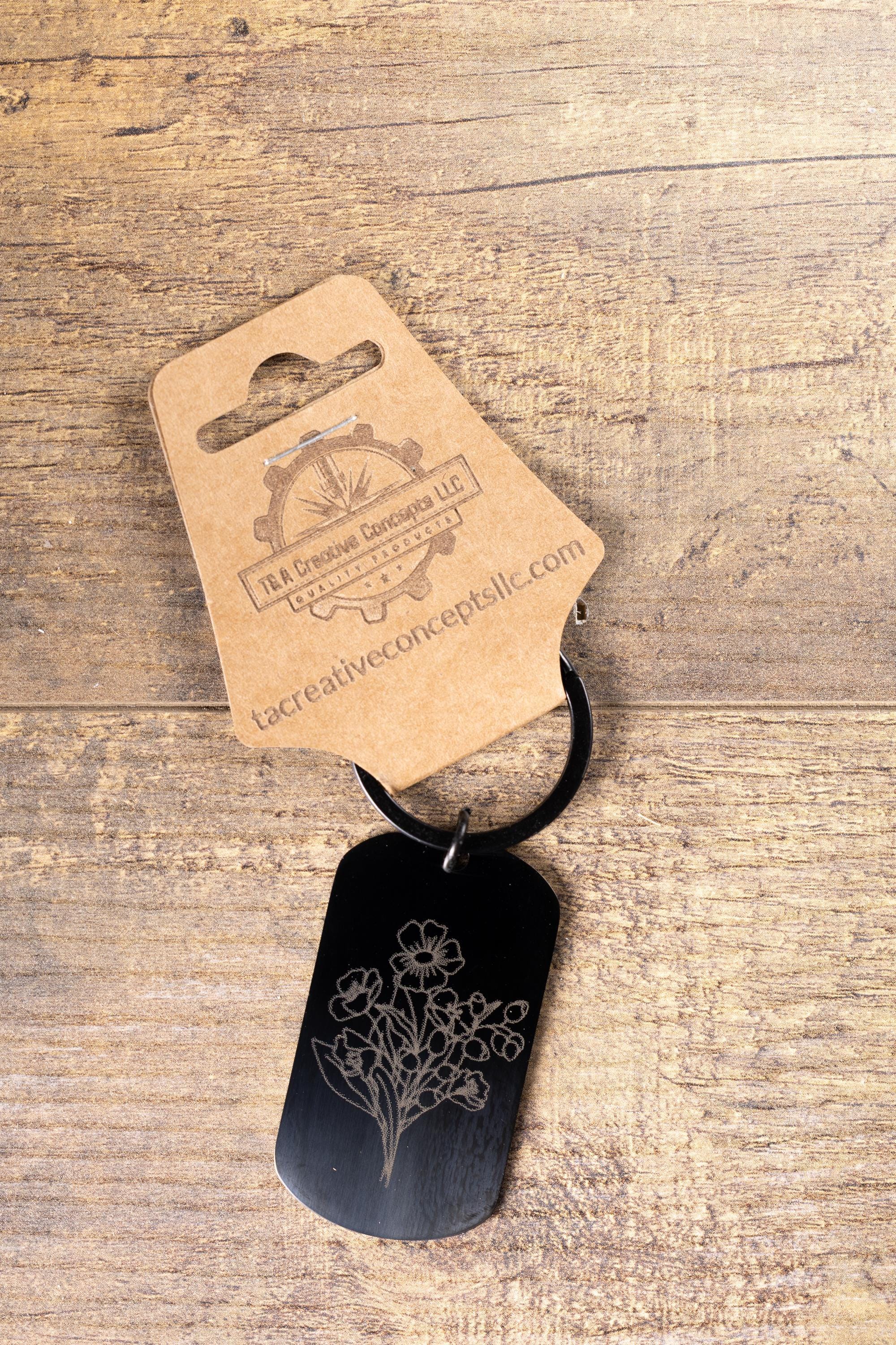 Laser engraved floral keychain: black stainless steel flower gift