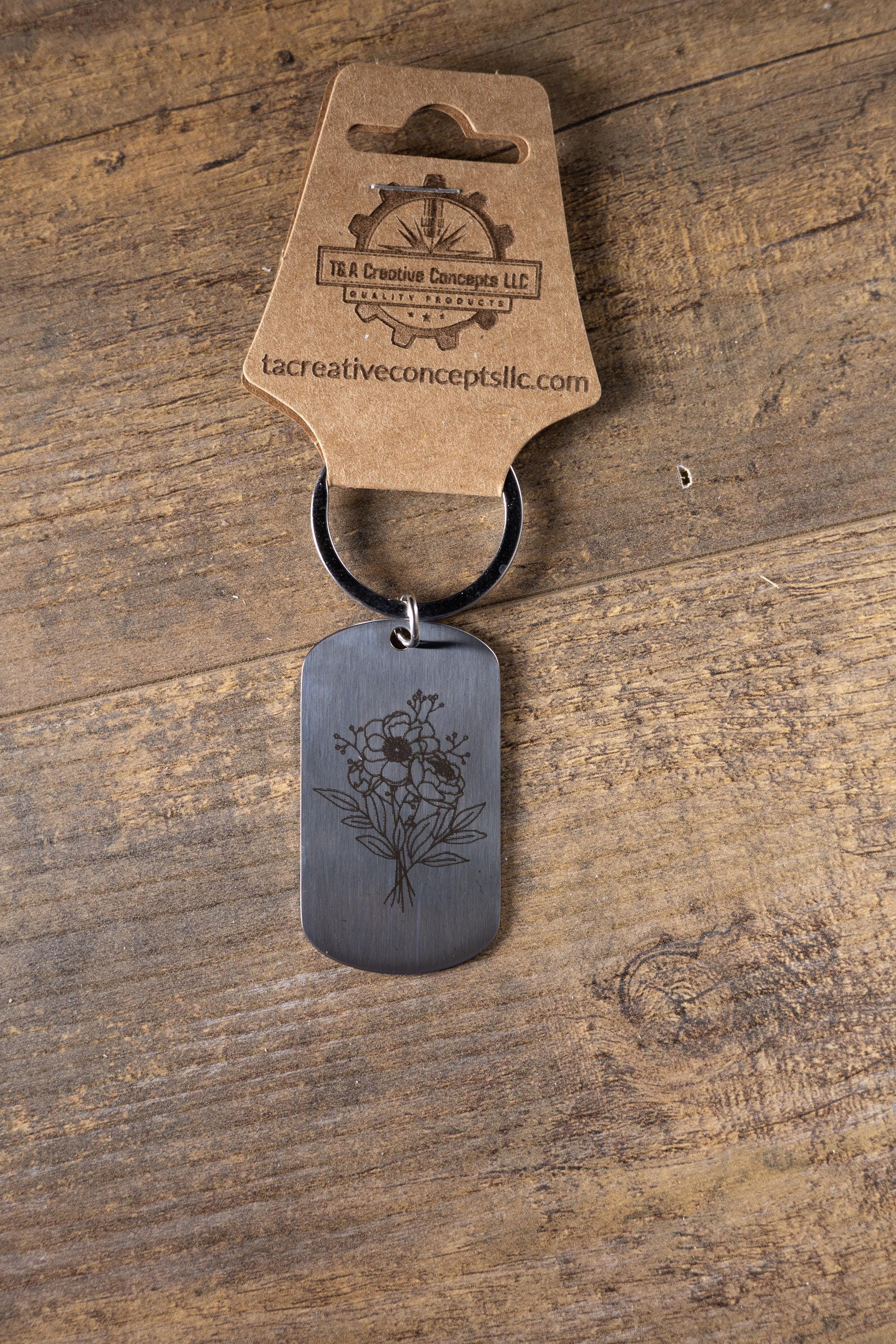 Laser engraved floral stainless steel keychain: flower lover gift