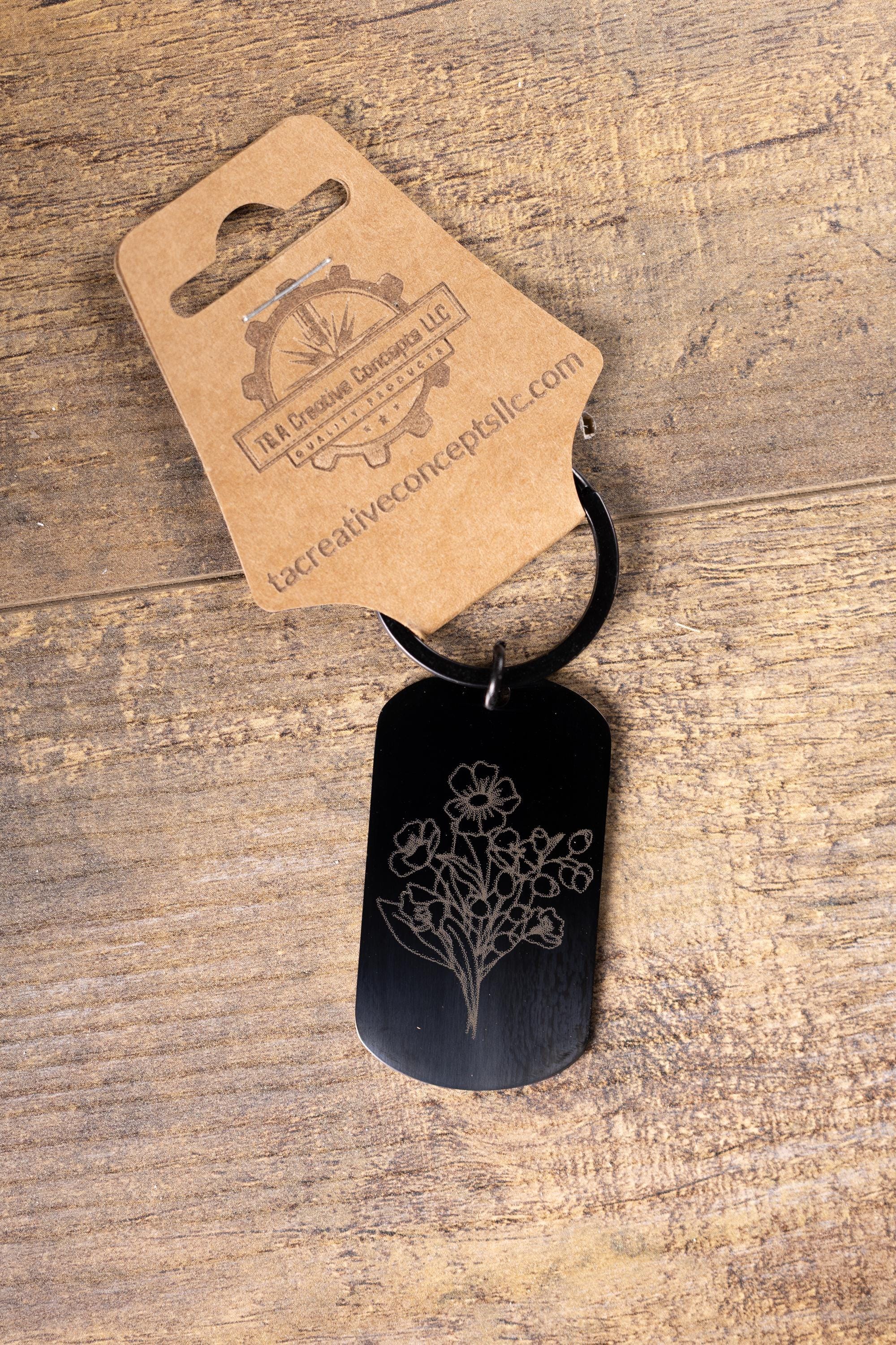 Laser engraved floral keychain: black stainless steel flower gift