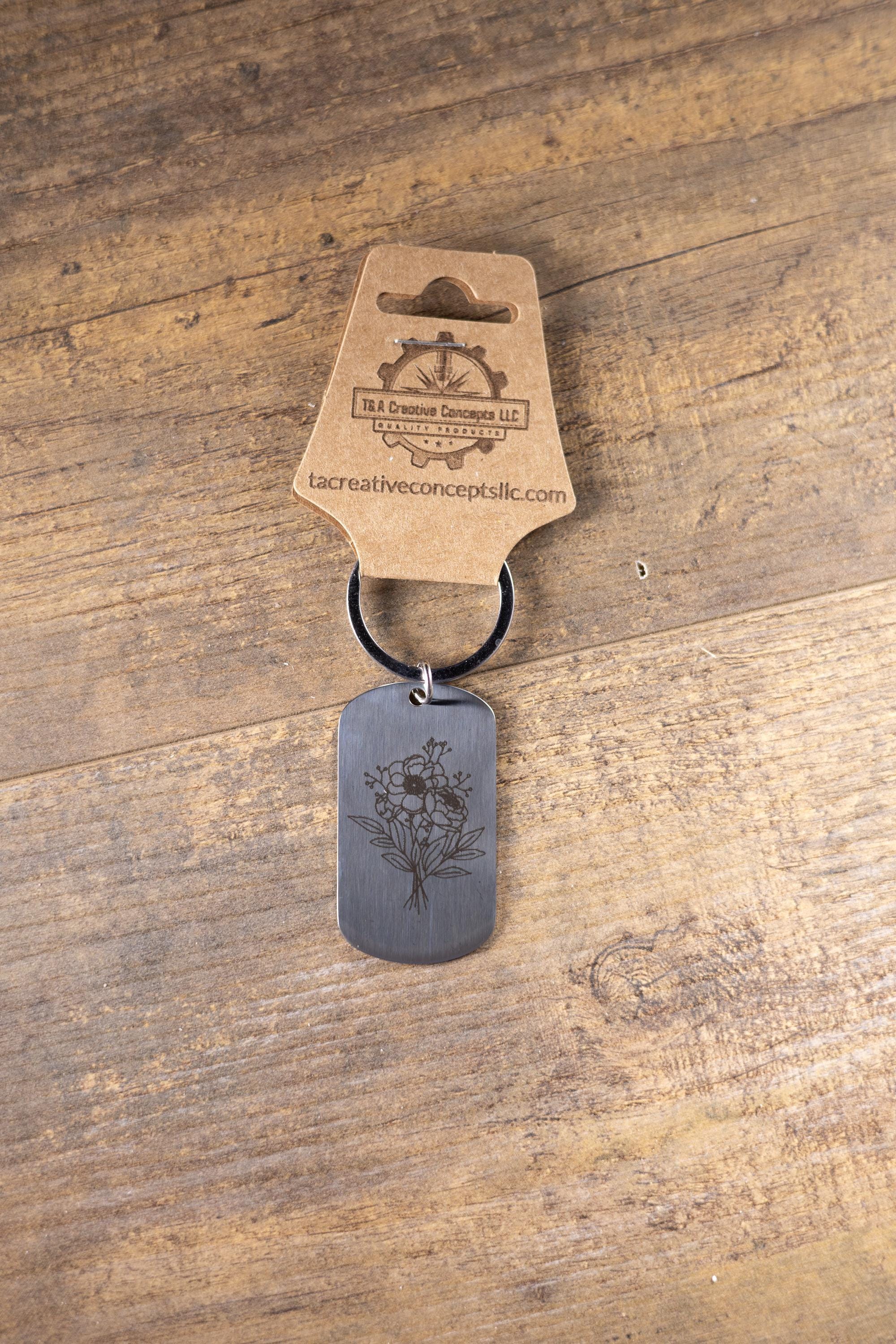 Laser engraved floral stainless steel keychain: flower lover gift