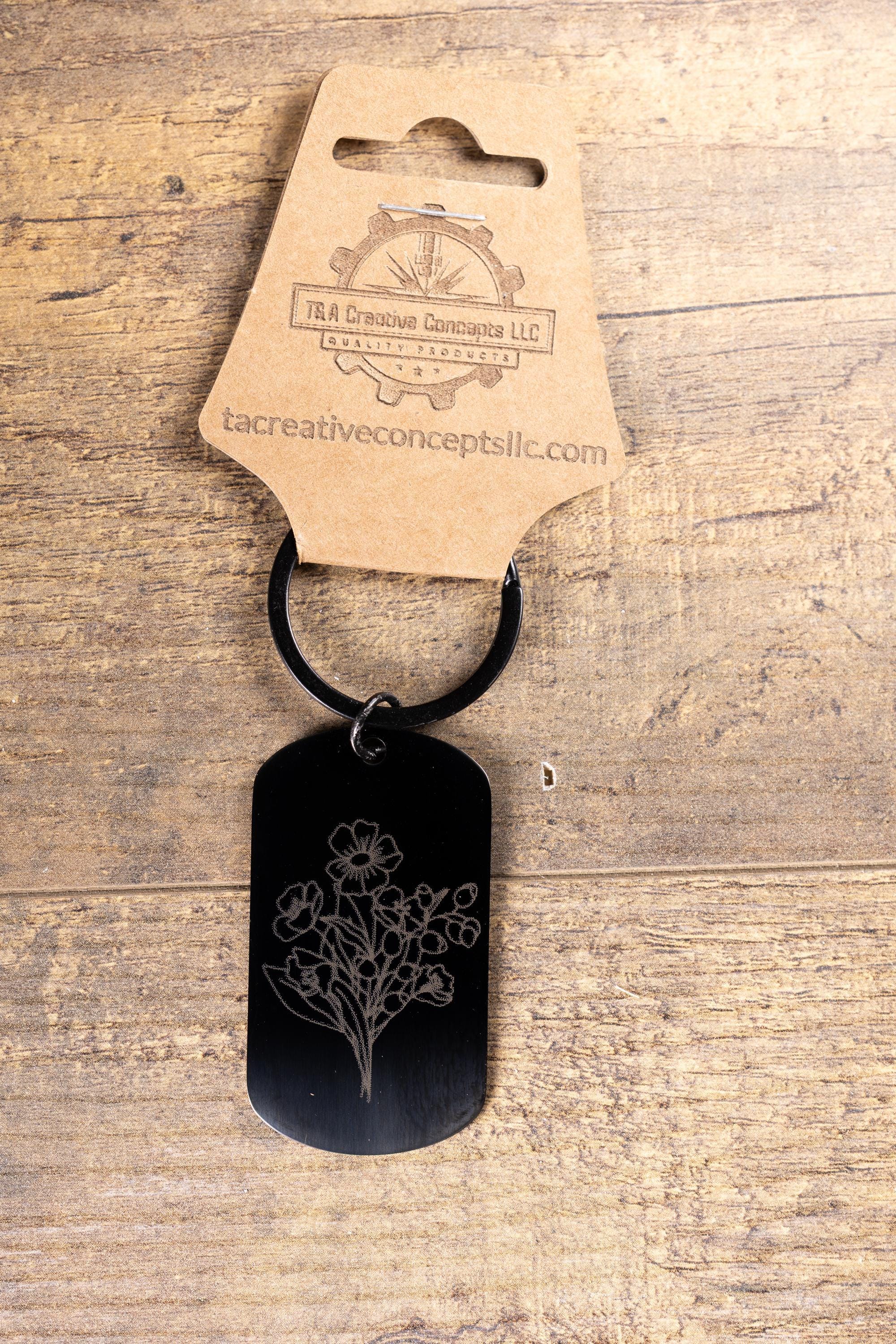 Laser engraved floral keychain: black stainless steel flower gift