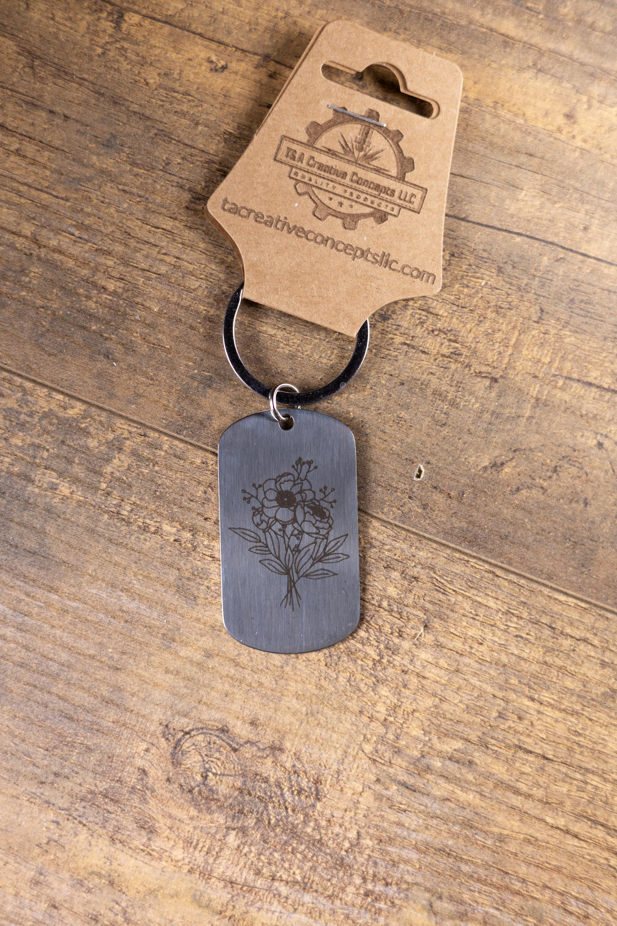 Laser engraved floral stainless steel keychain: flower lover gift