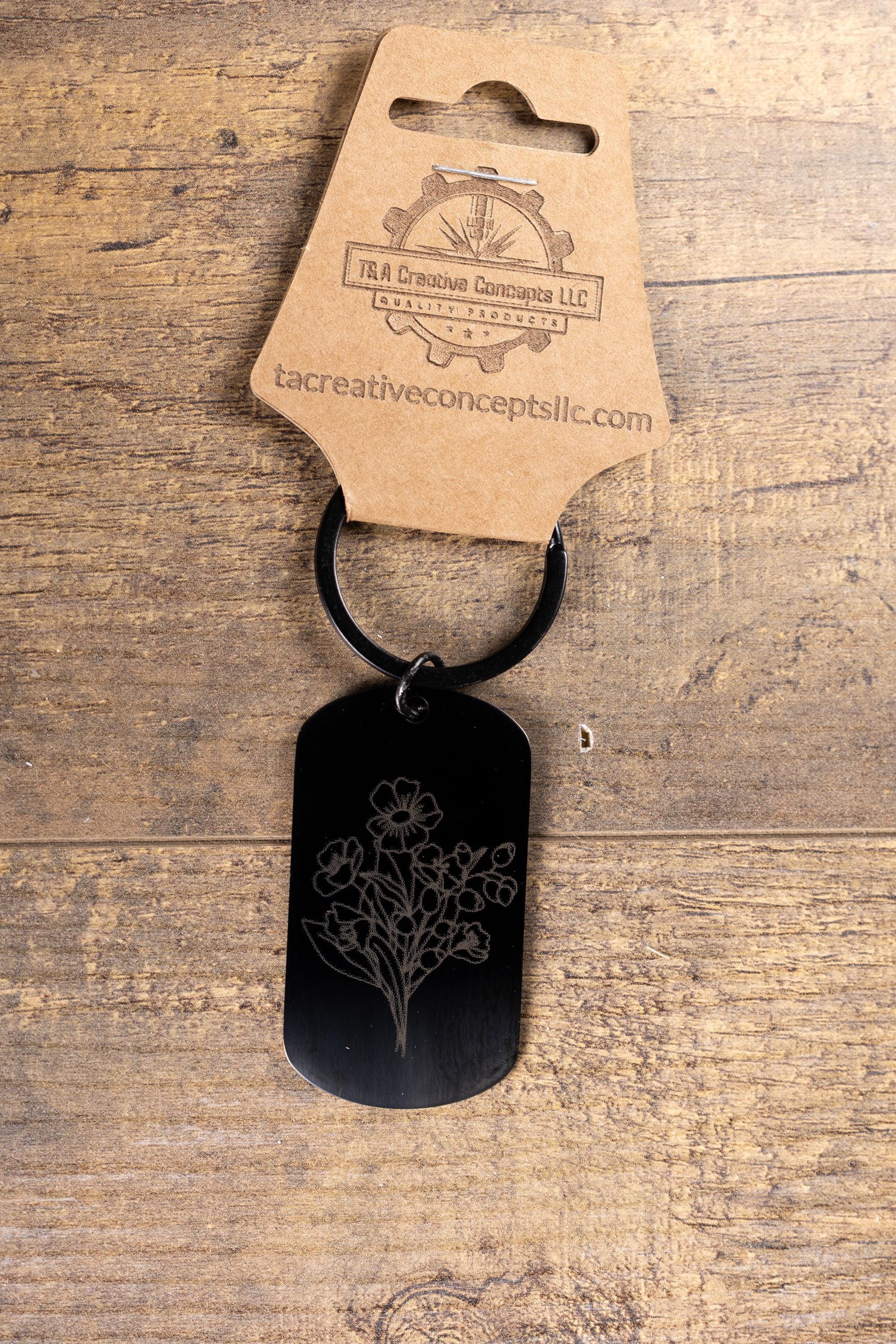 Laser engraved floral keychain: black stainless steel flower gift