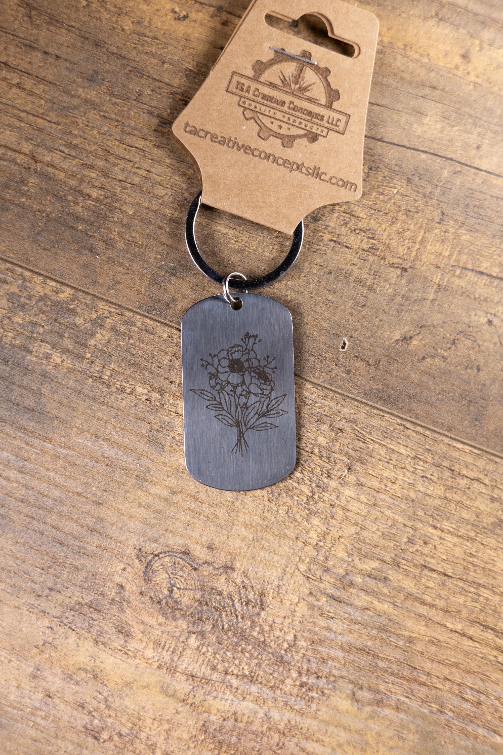 Laser engraved floral stainless steel keychain: flower lover gift