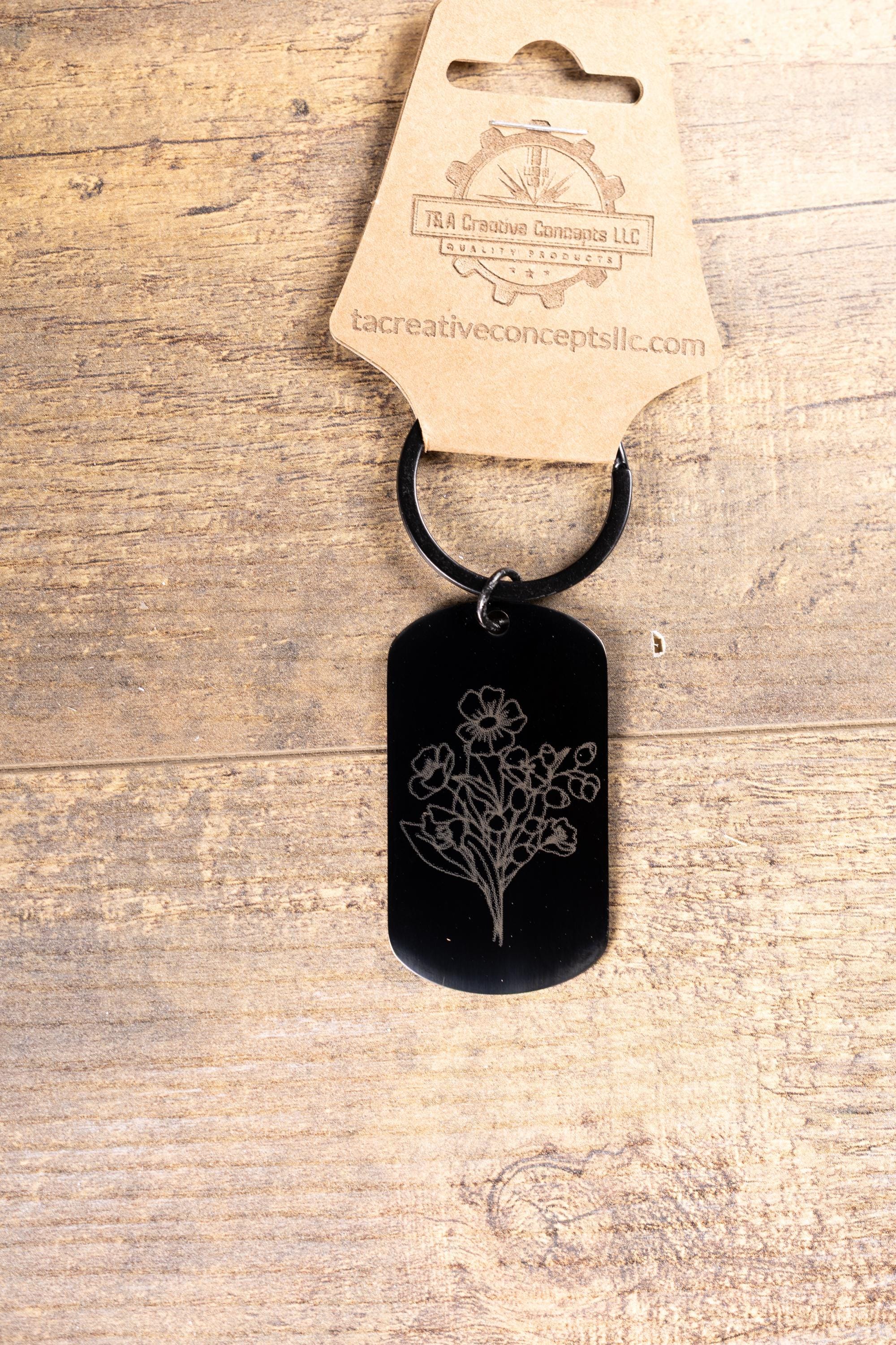 Laser engraved floral keychain: black stainless steel flower gift