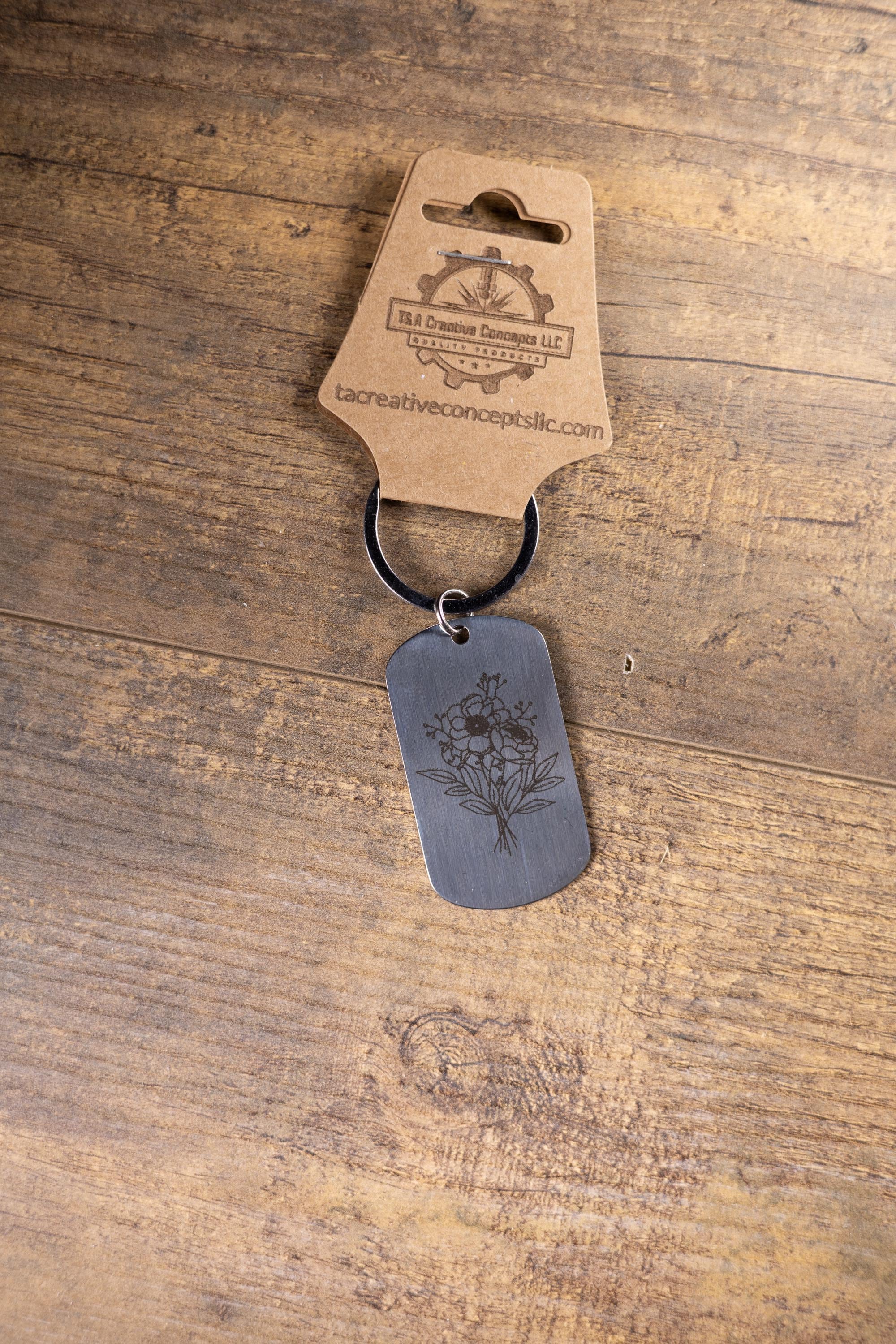 Laser engraved floral stainless steel keychain: flower lover gift
