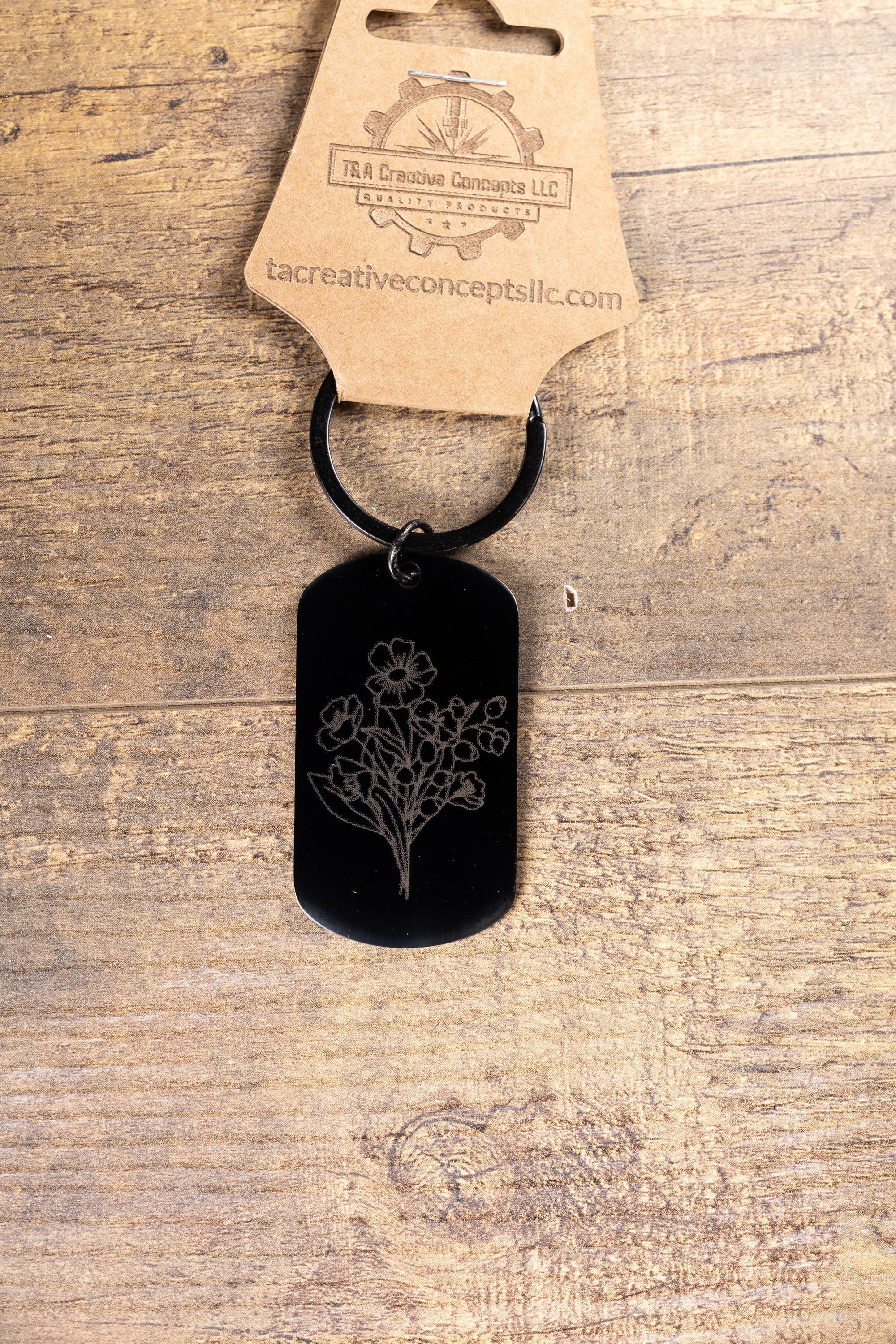 Laser engraved floral keychain: black stainless steel flower gift