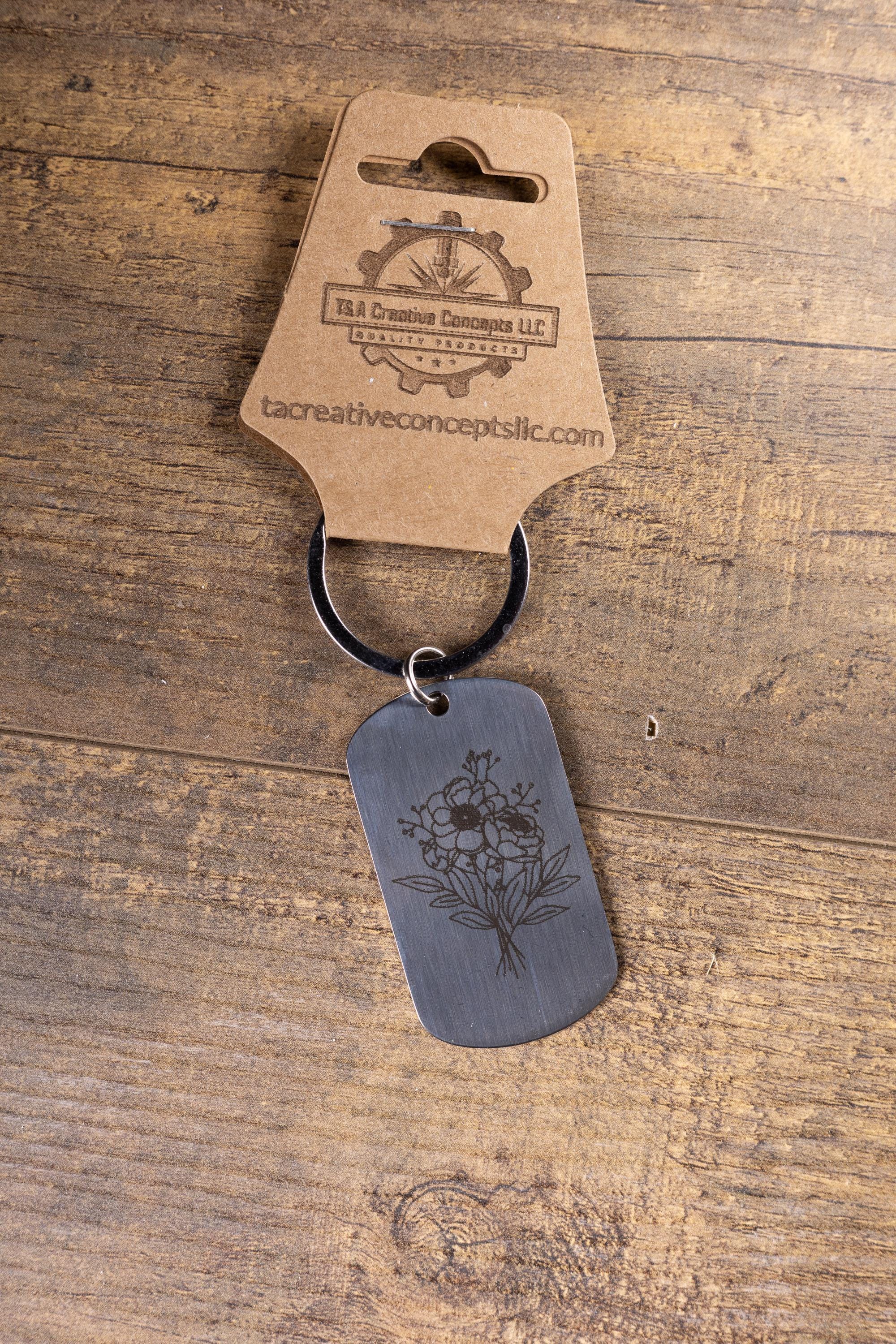 Laser engraved floral stainless steel keychain: flower lover gift