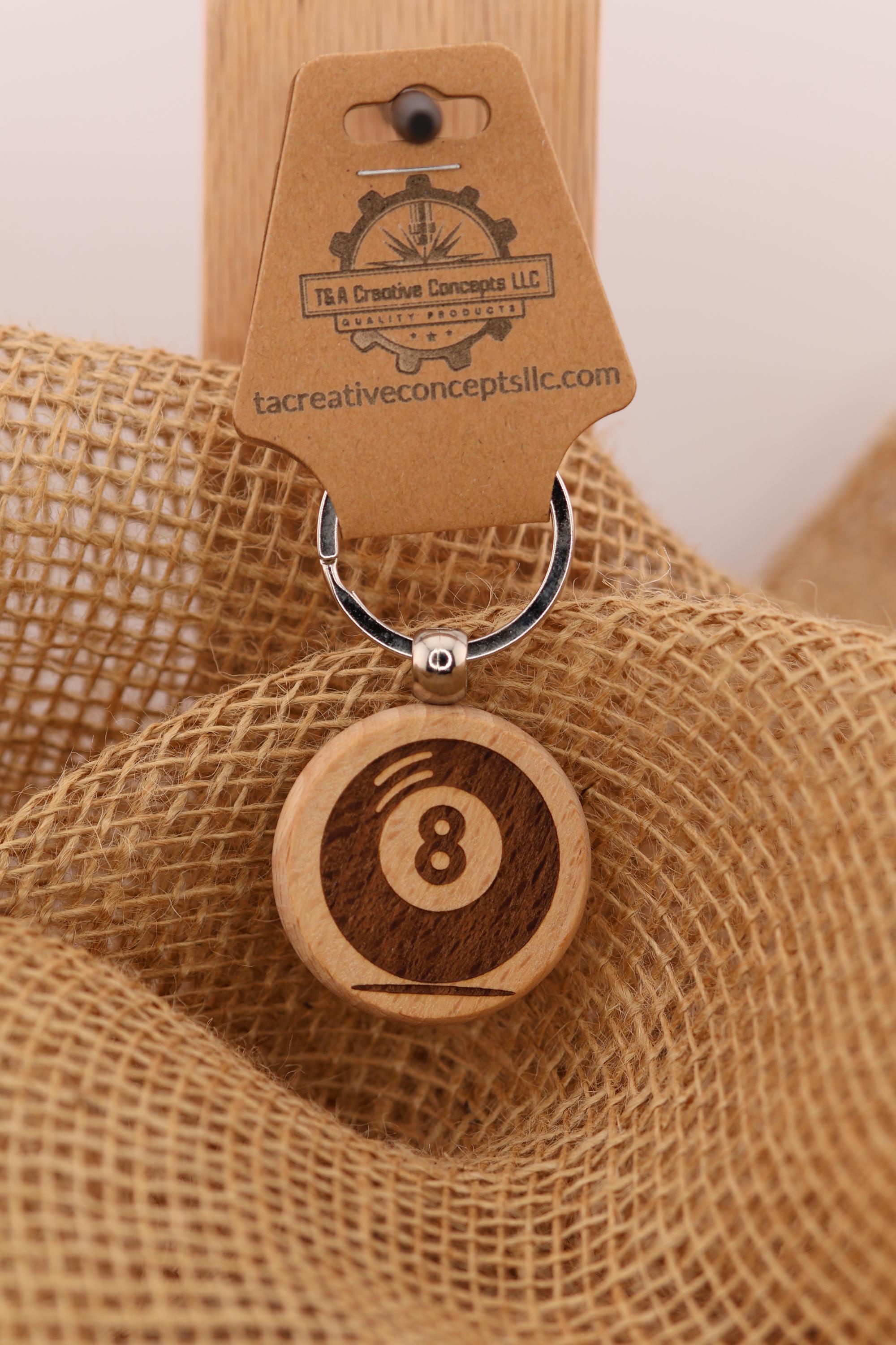 Laser Engraved 8 Ball Keychain / Bag Charm: hardwood billiards gift