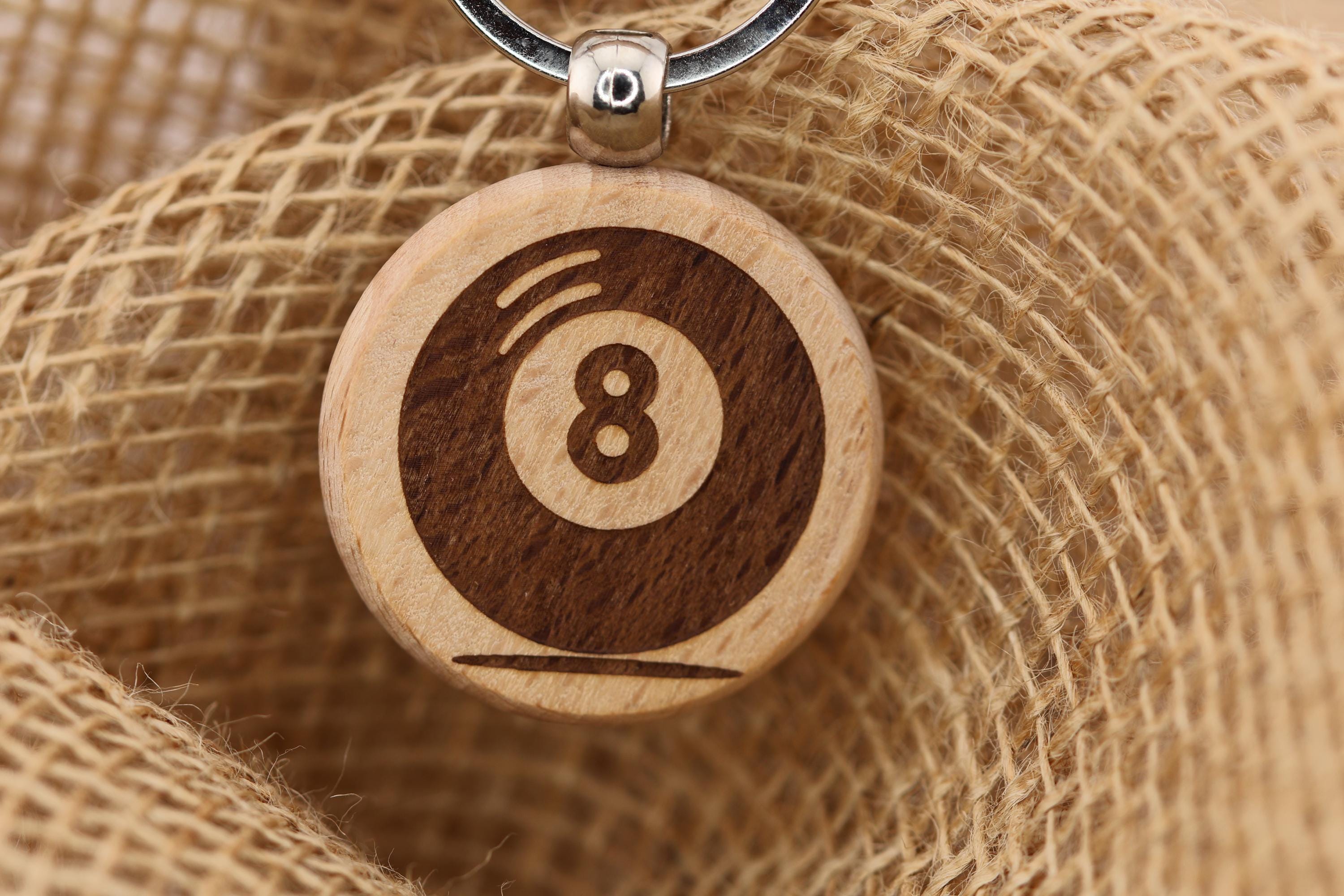 Laser Engraved 8 Ball Keychain / Bag Charm: hardwood billiards gift
