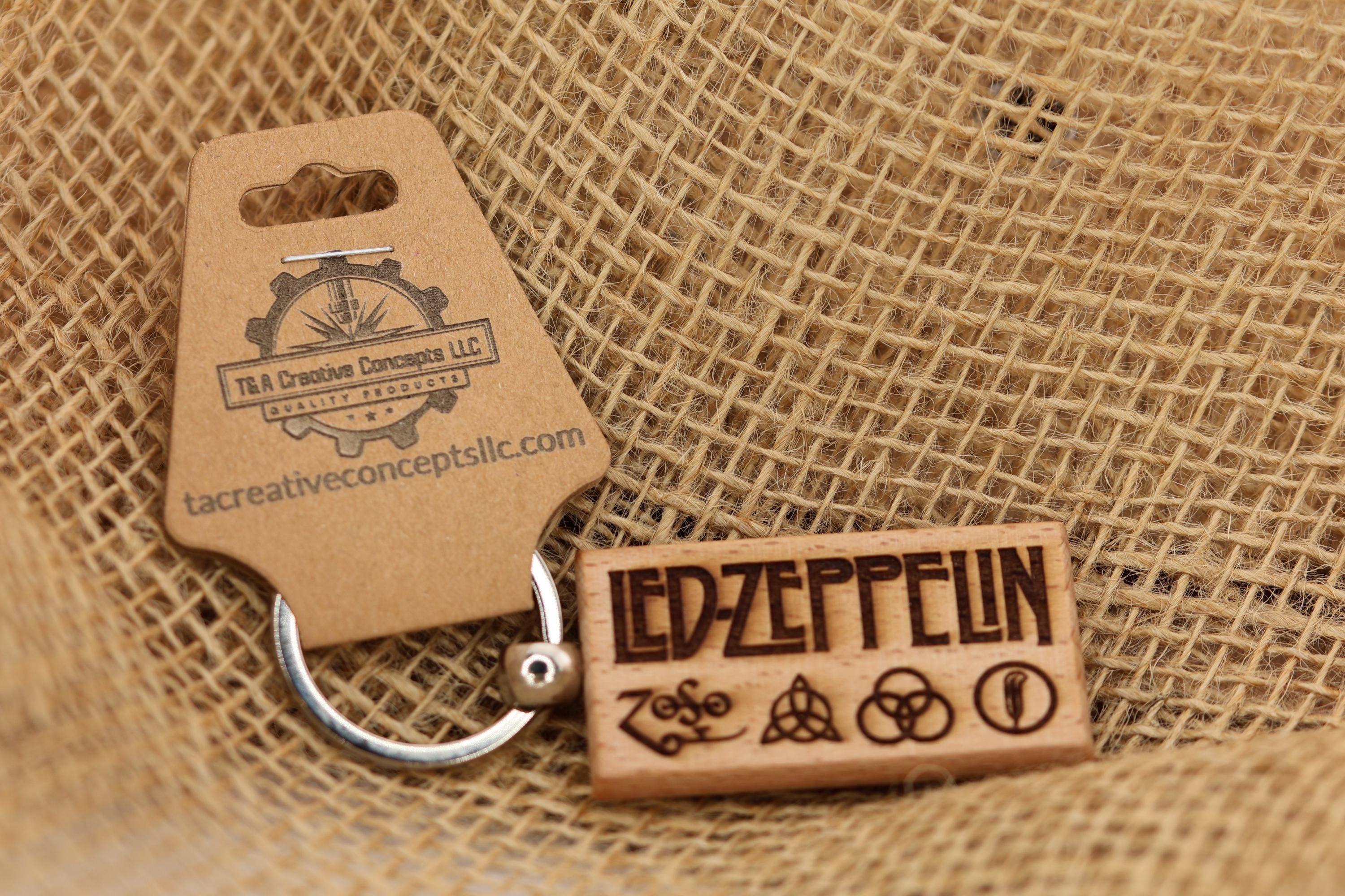 Led Zeppelin Keychain / Bag Charm: laser engraved hardwood, stainless steel keyring