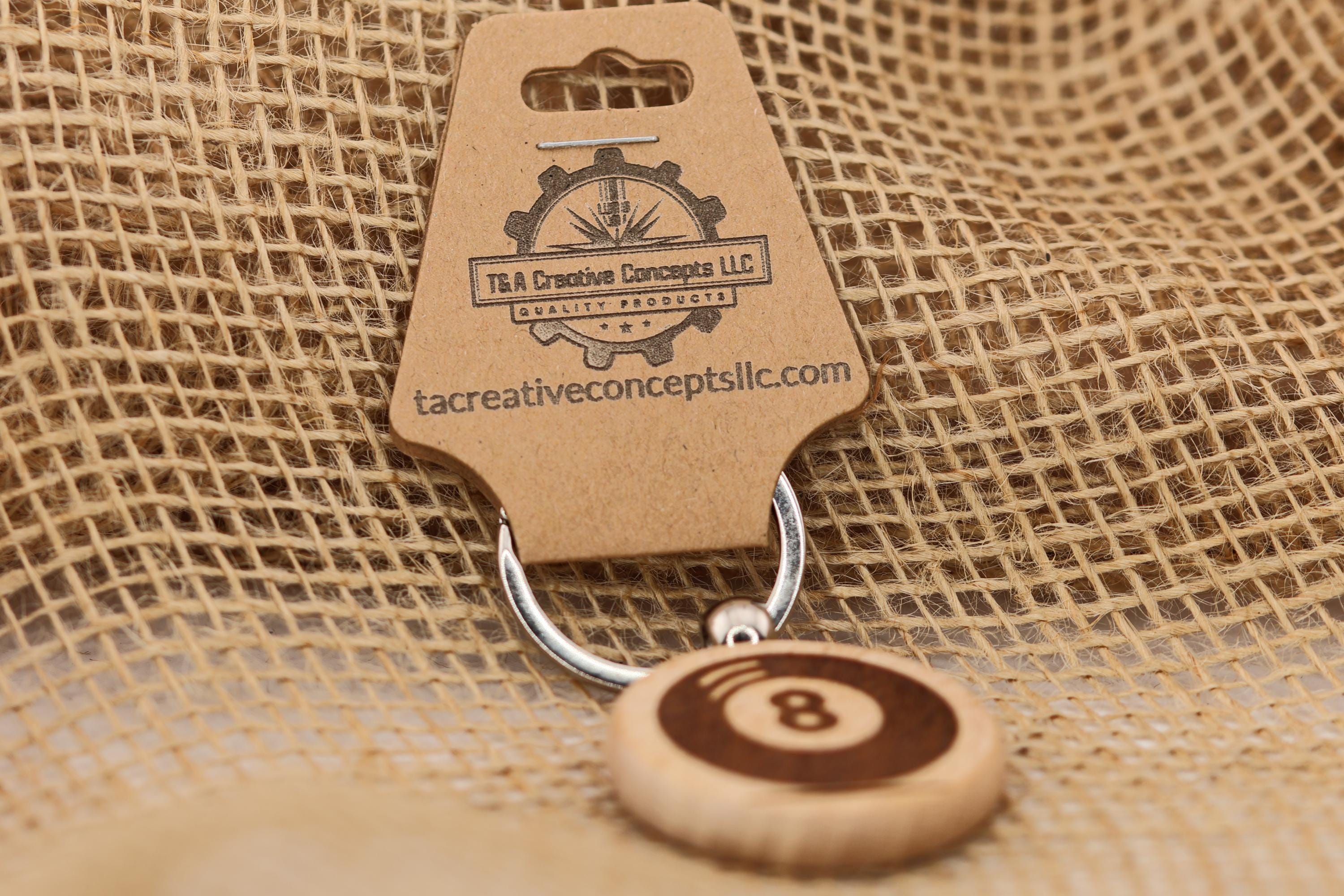 Laser Engraved 8 Ball Keychain / Bag Charm: hardwood billiards gift