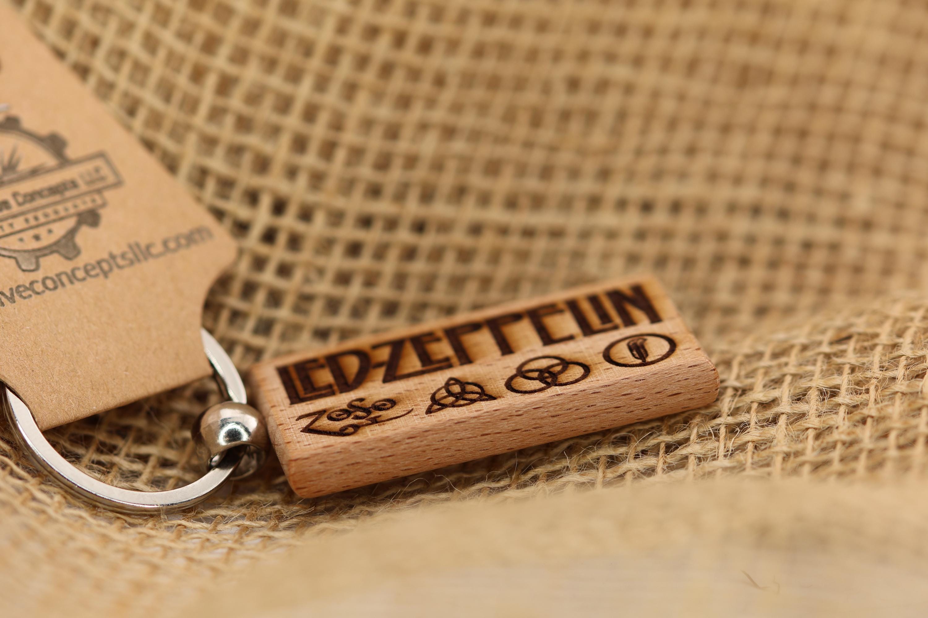 Led Zeppelin Keychain / Bag Charm: laser engraved hardwood, stainless steel keyring