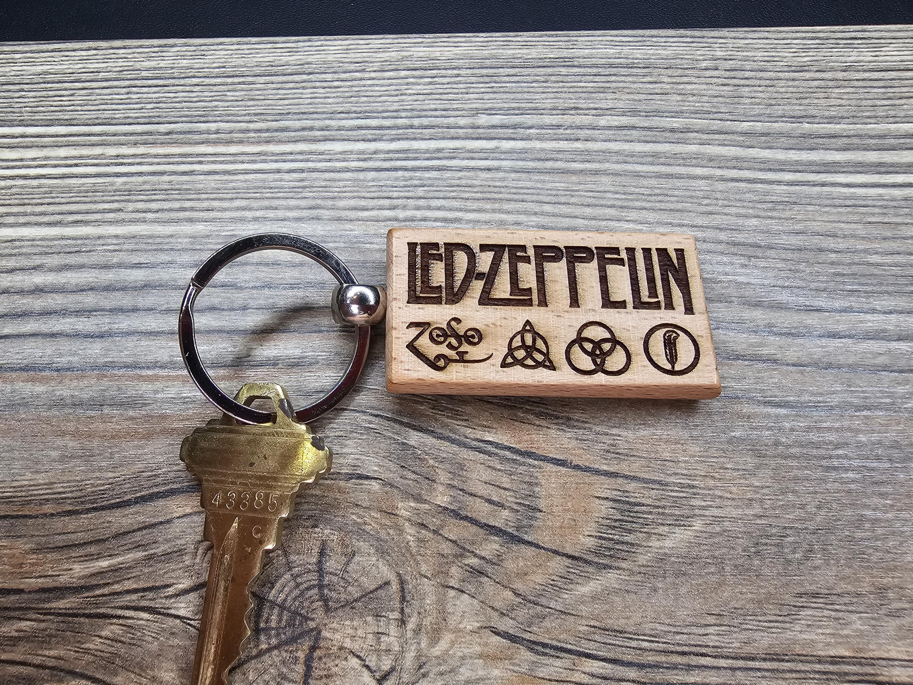 Led Zeppelin Keychain / Bag Charm: laser engraved hardwood, stainless steel keyring