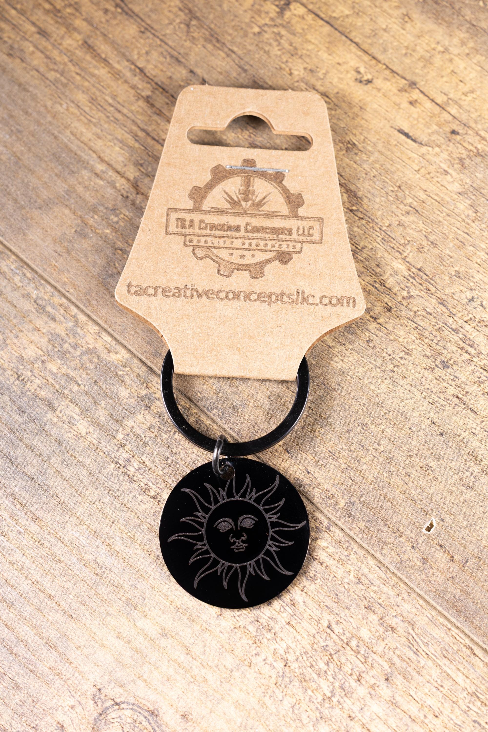Black stainless steel sun keychain | laser engraved double-sided design | celestial gift | durable everyday keychain