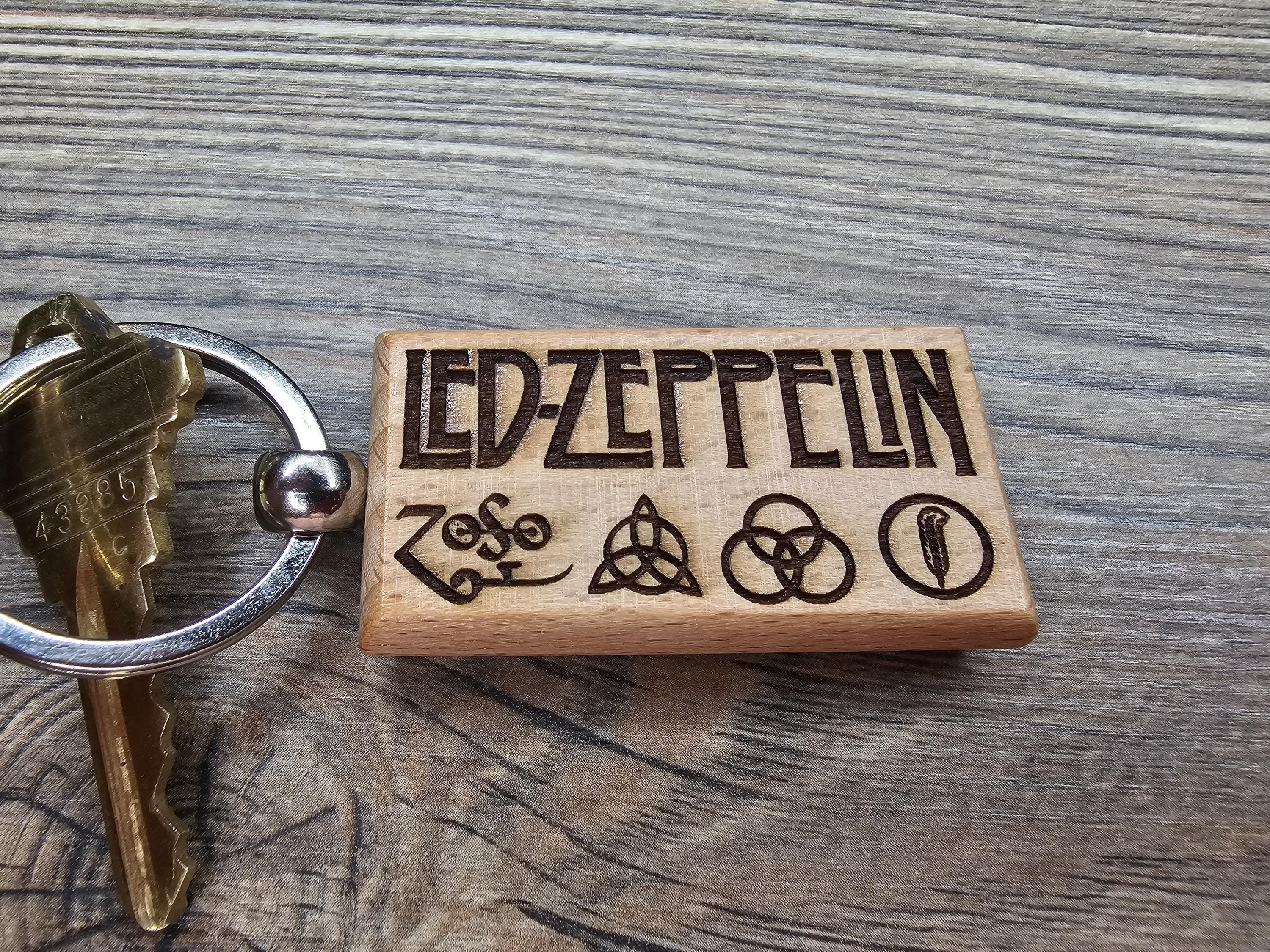 Led Zeppelin Keychain / Bag Charm: laser engraved hardwood, stainless steel keyring