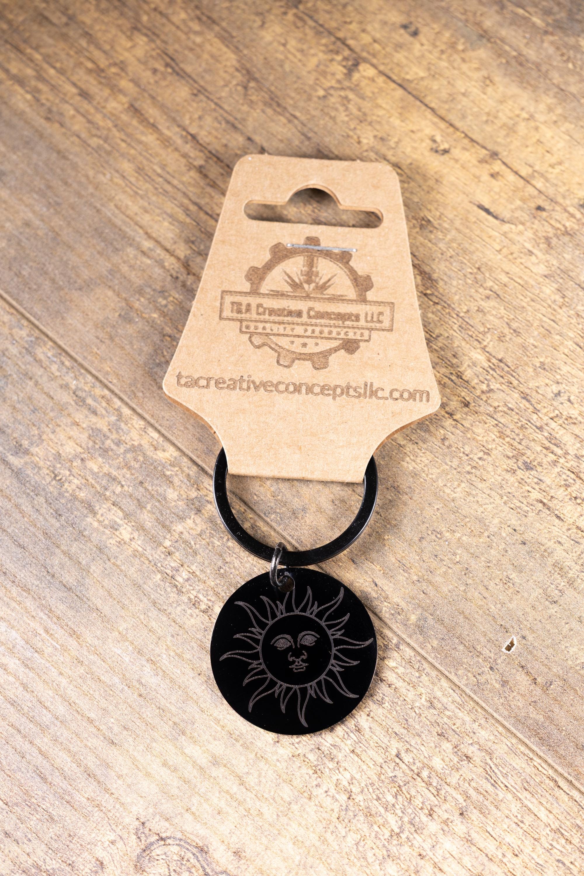 Black stainless steel sun keychain | laser engraved double-sided design | celestial gift | durable everyday keychain