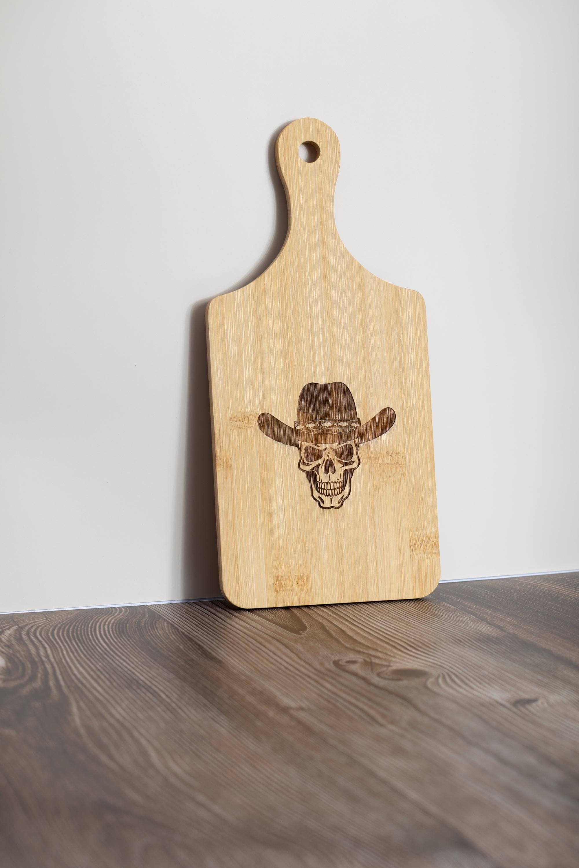 Skull in cowboy hat laser engraved bamboo cutting board 5x11 | western kitchen decor | funny gift for cowboy or chef