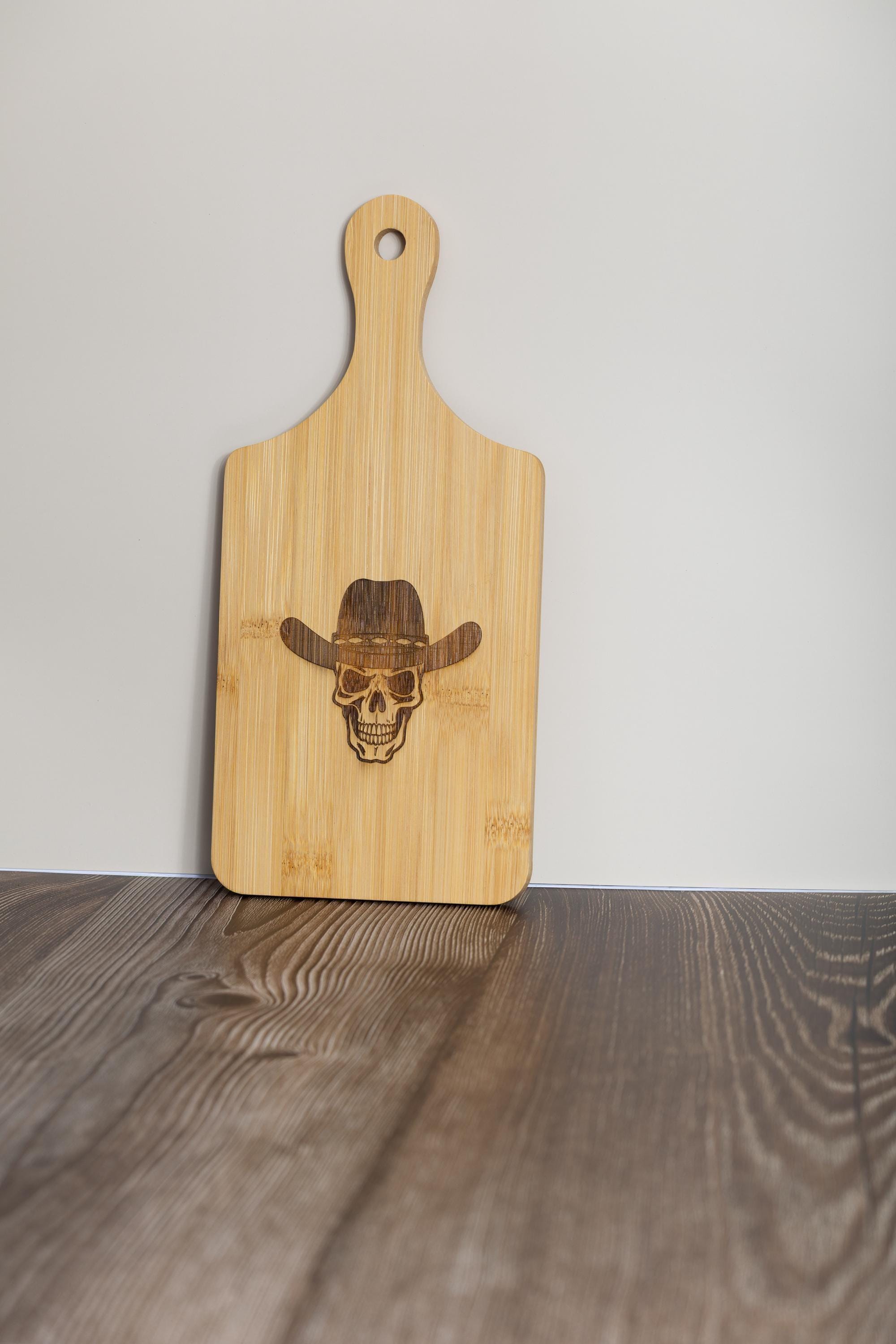 Skull in cowboy hat laser engraved bamboo cutting board 5x11 | western kitchen decor | funny gift for cowboy or chef