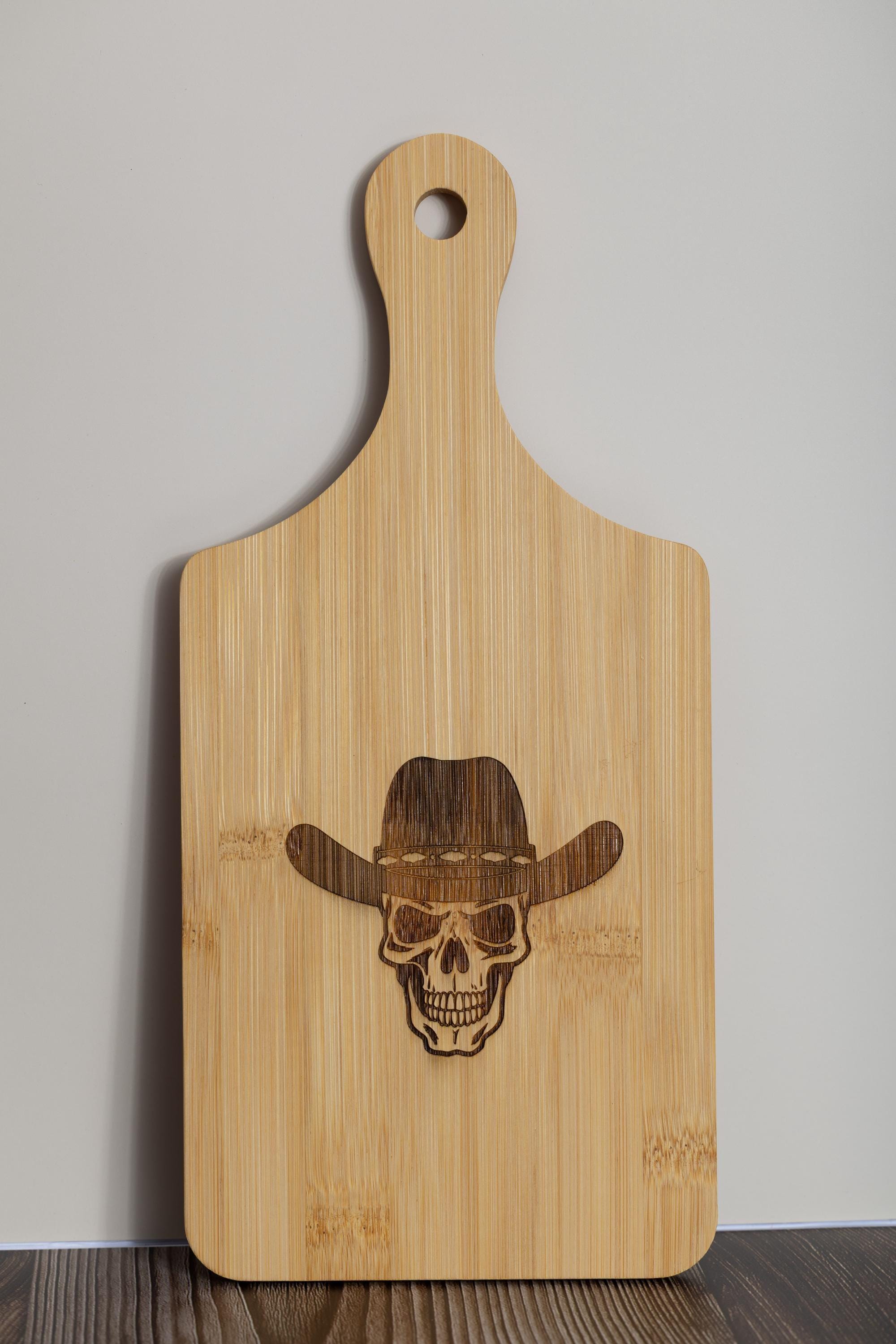 Skull in cowboy hat laser engraved bamboo cutting board 5x11 | western kitchen decor | funny gift for cowboy or chef