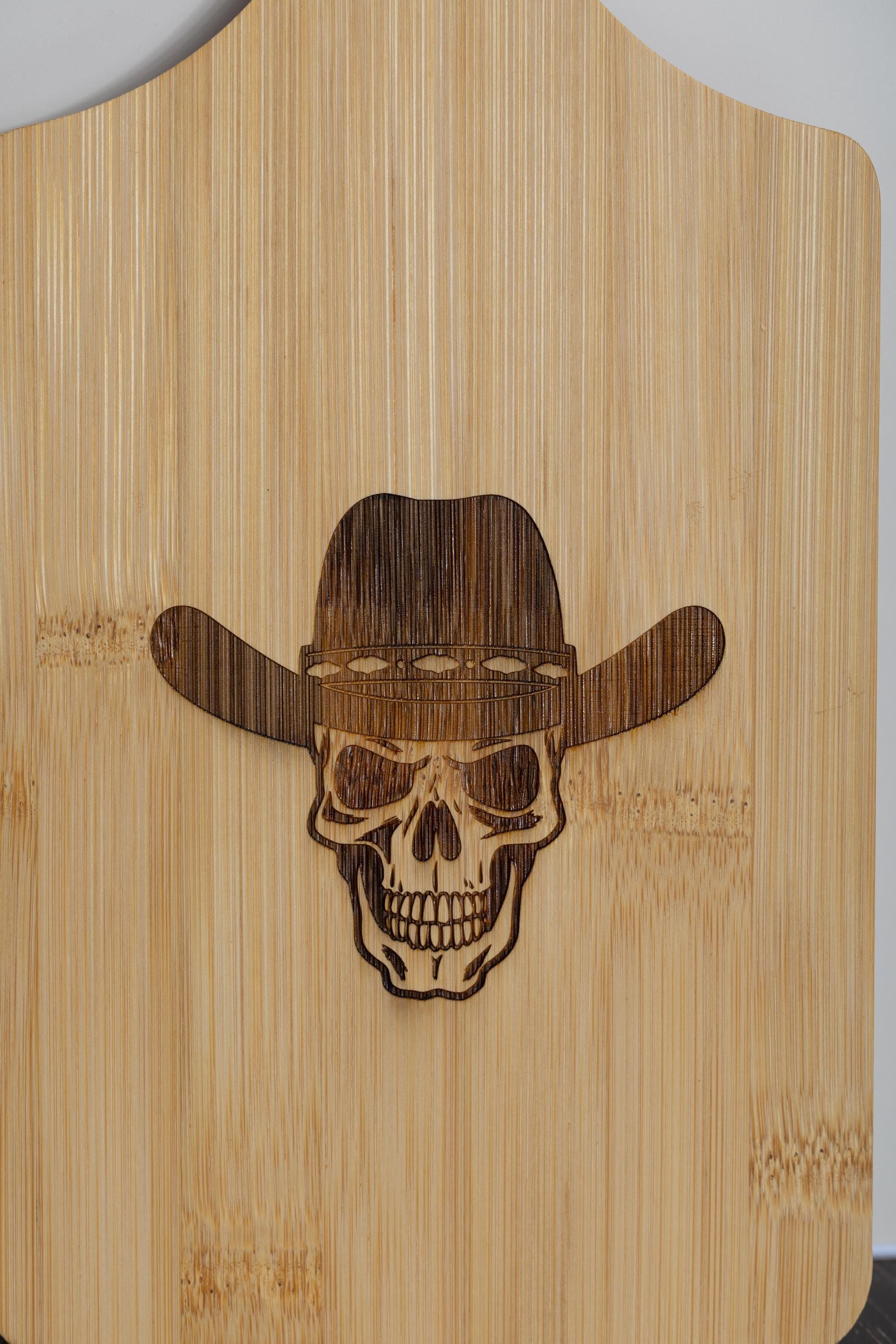 Skull in cowboy hat laser engraved bamboo cutting board 5x11 | western kitchen decor | funny gift for cowboy or chef