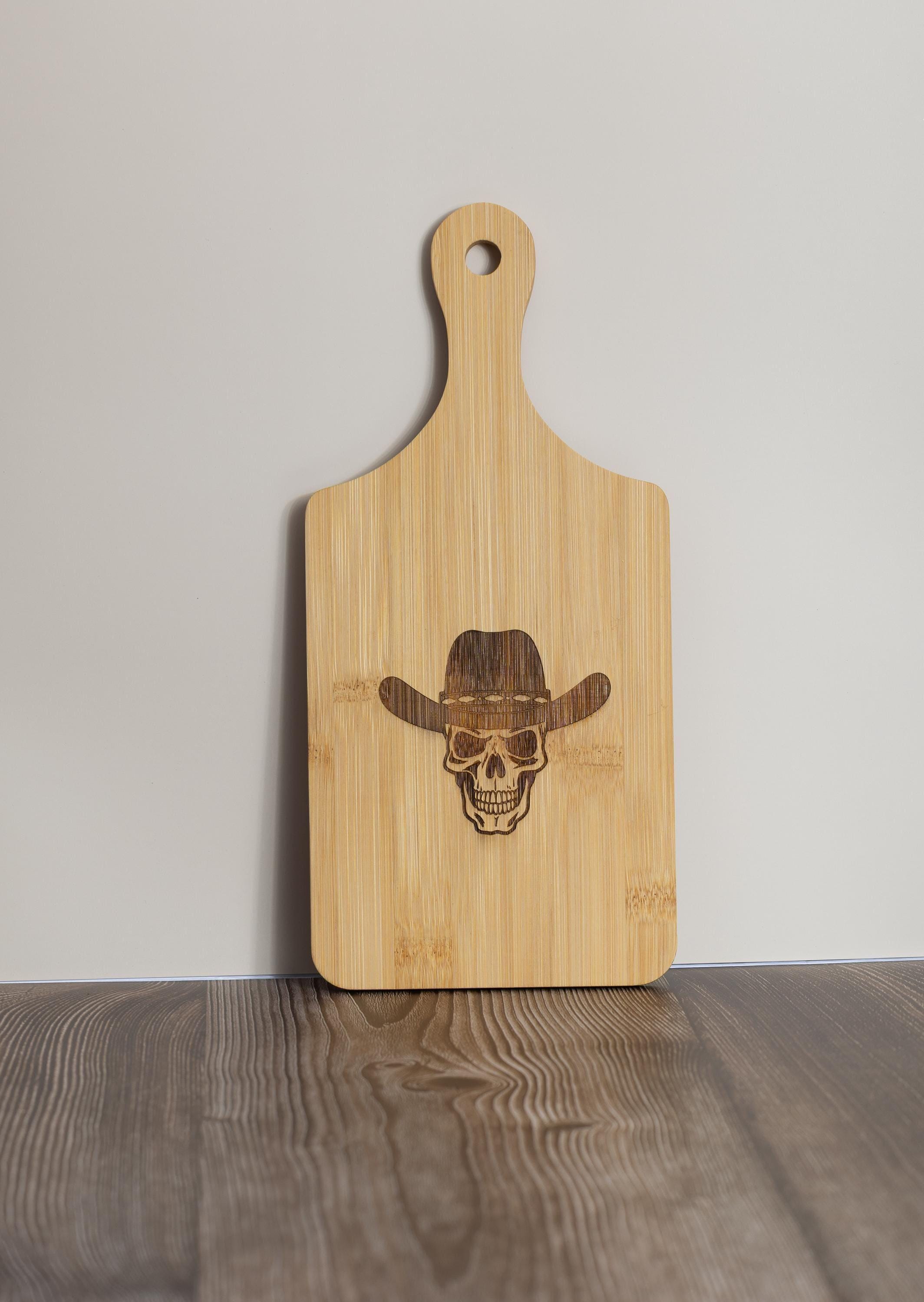 Skull in cowboy hat laser engraved bamboo cutting board 5x11 | western kitchen decor | funny gift for cowboy or chef