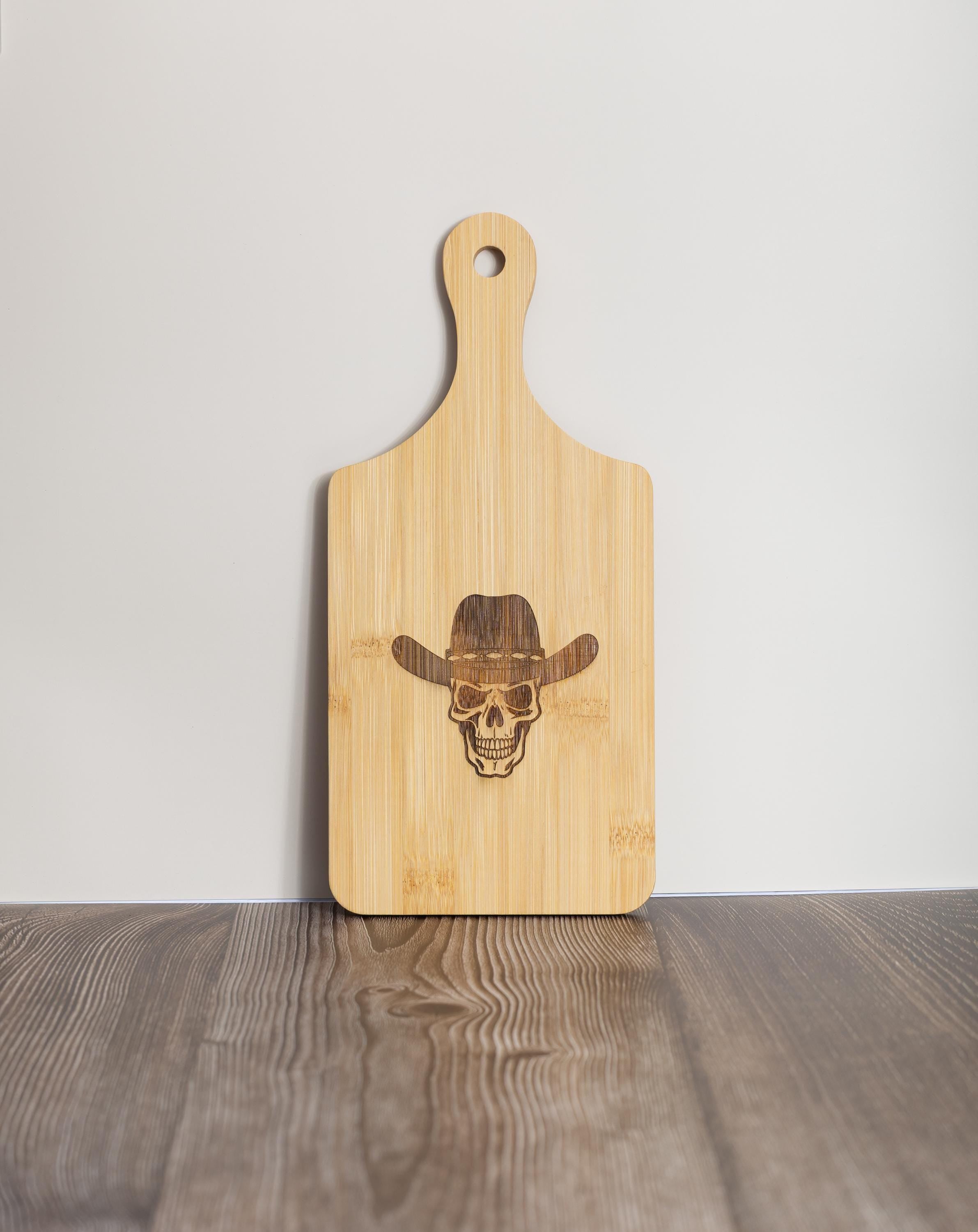 Skull in cowboy hat laser engraved bamboo cutting board 5x11 | western kitchen decor | funny gift for cowboy or chef