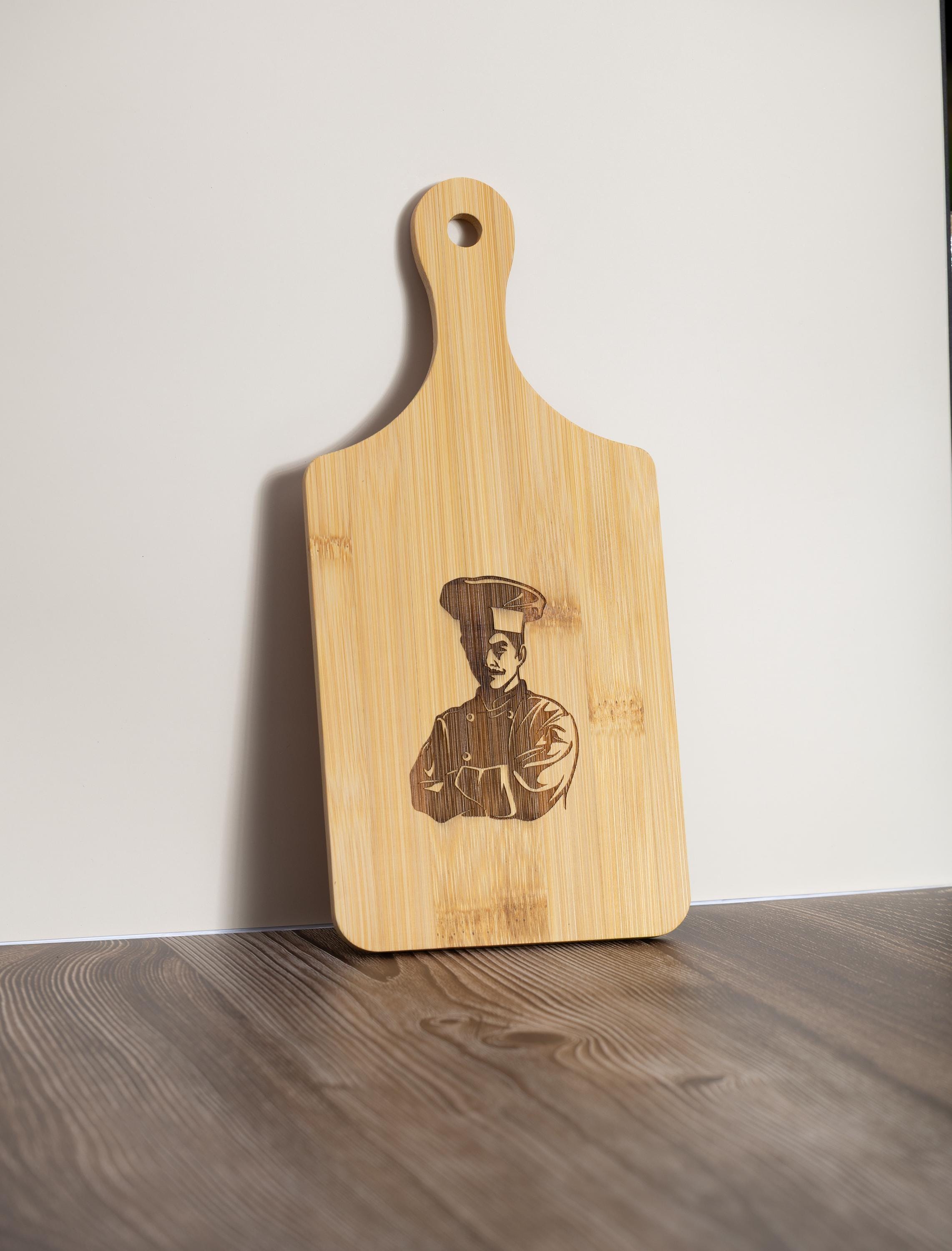 Chef bamboo cutting board: laser engraved kitchen prep & serving board