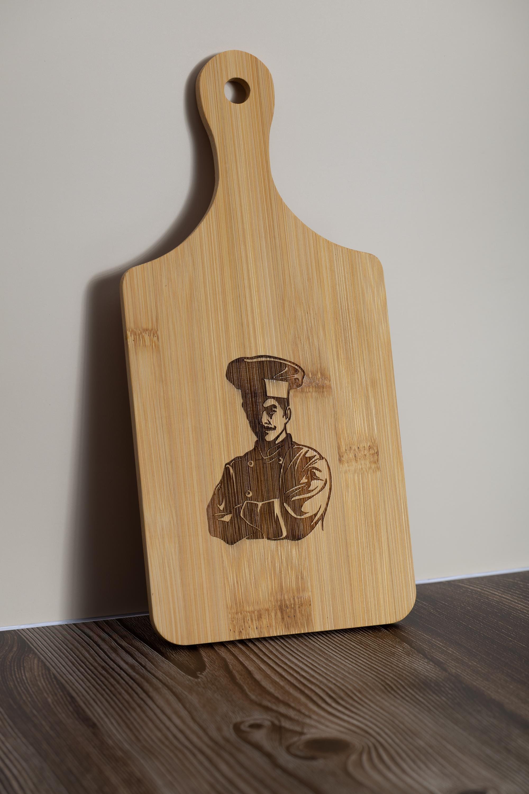 Chef bamboo cutting board: laser engraved kitchen prep & serving board