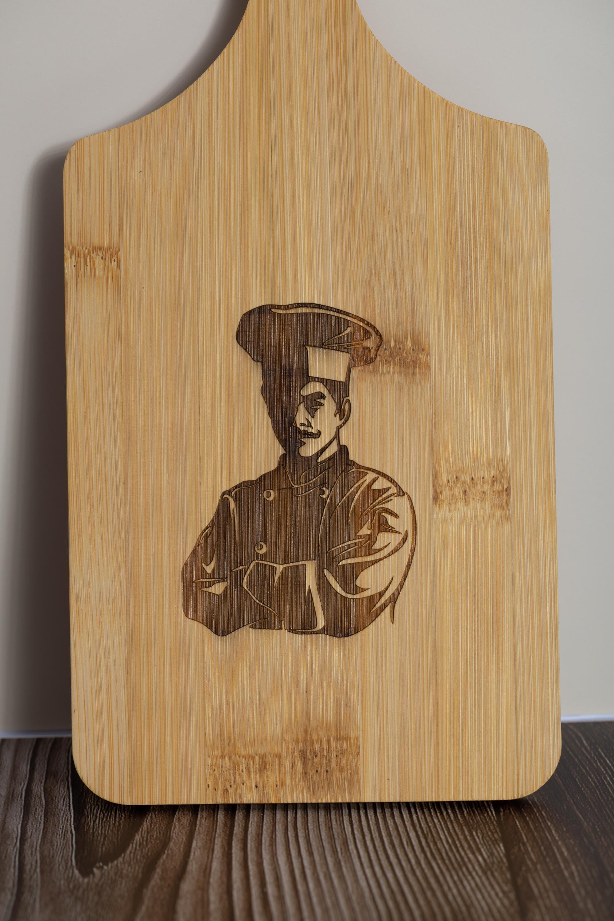 Chef bamboo cutting board: laser engraved kitchen prep & serving board