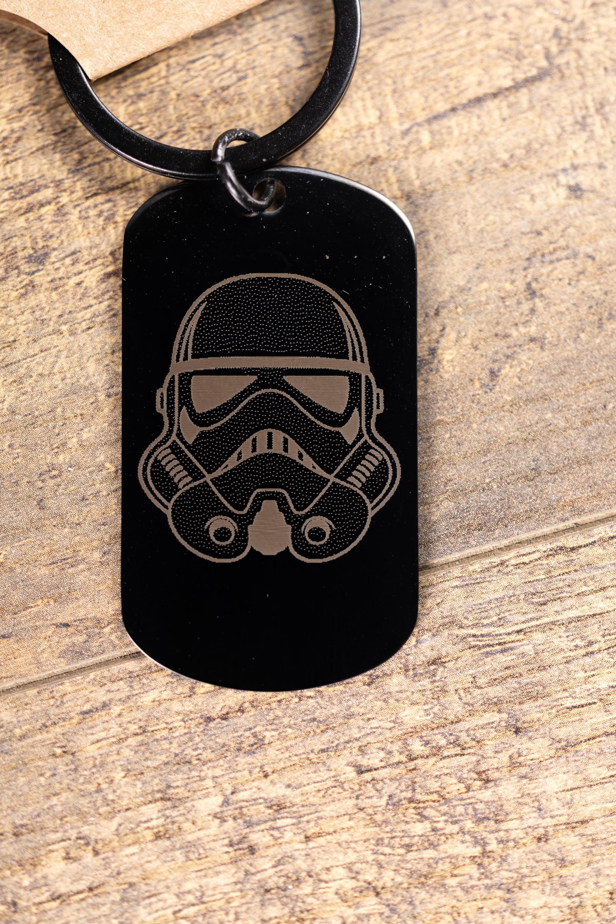 Stormtrooper keychain: laser engraved black stainless steel star wars gift