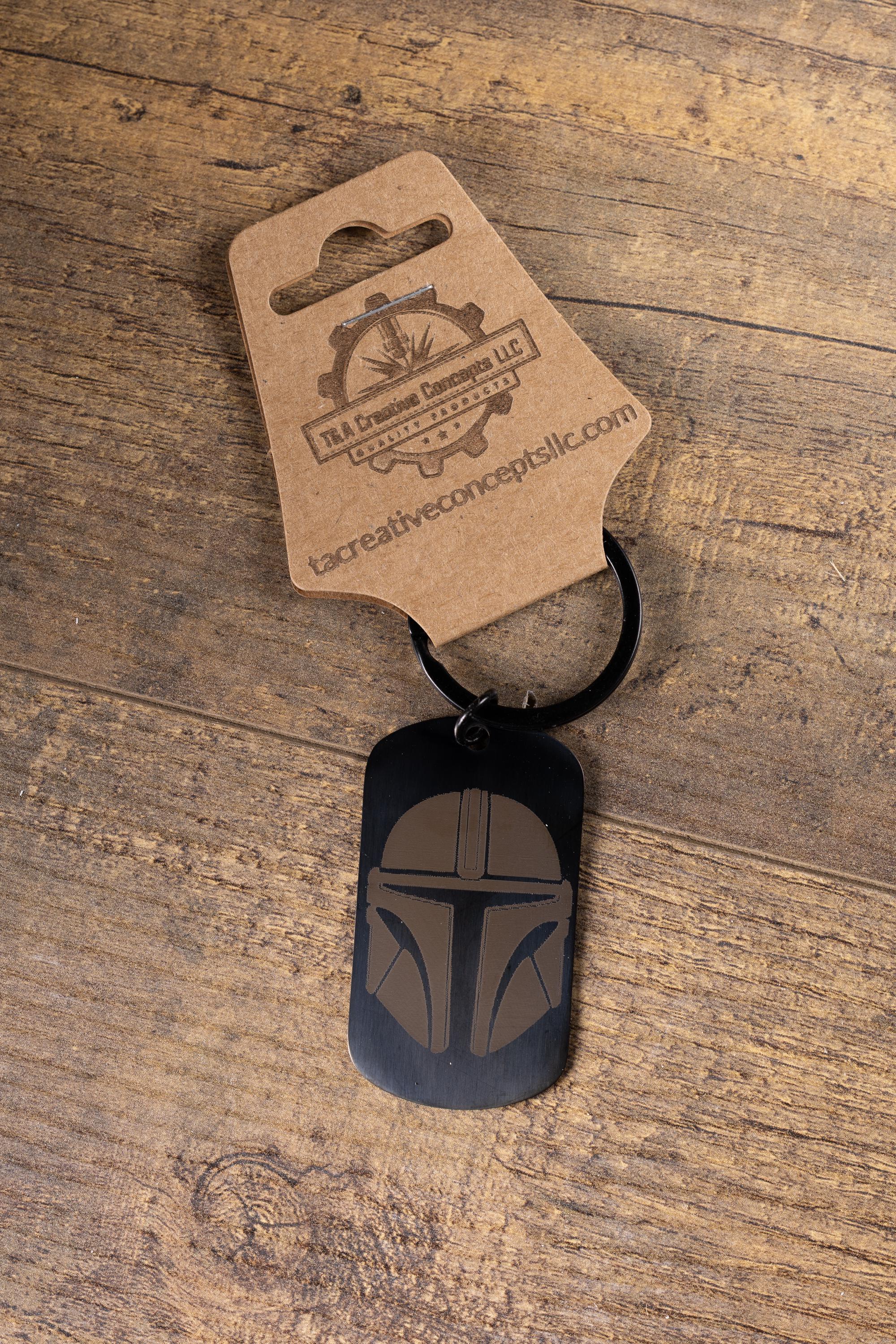 Black stainless steel mandalorian keychain | laser engraved star wars metal | same image both sides | durable gift