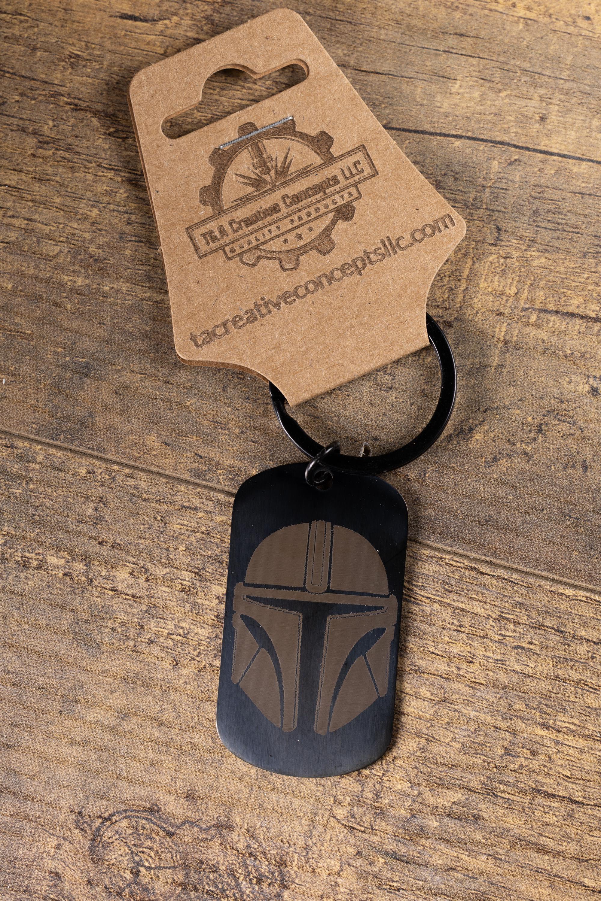 Black stainless steel mandalorian keychain | laser engraved star wars metal | same image both sides | durable gift