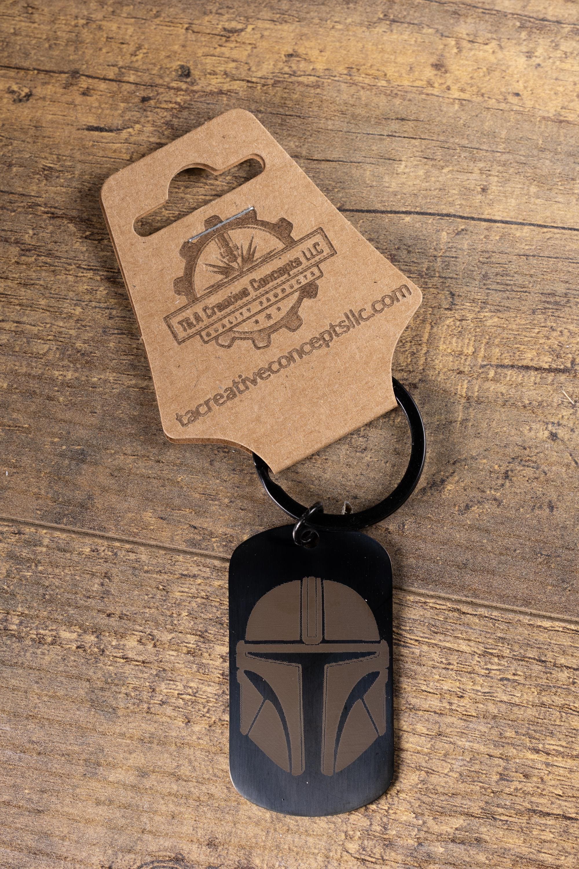 Black stainless steel mandalorian keychain | laser engraved star wars metal | same image both sides | durable gift