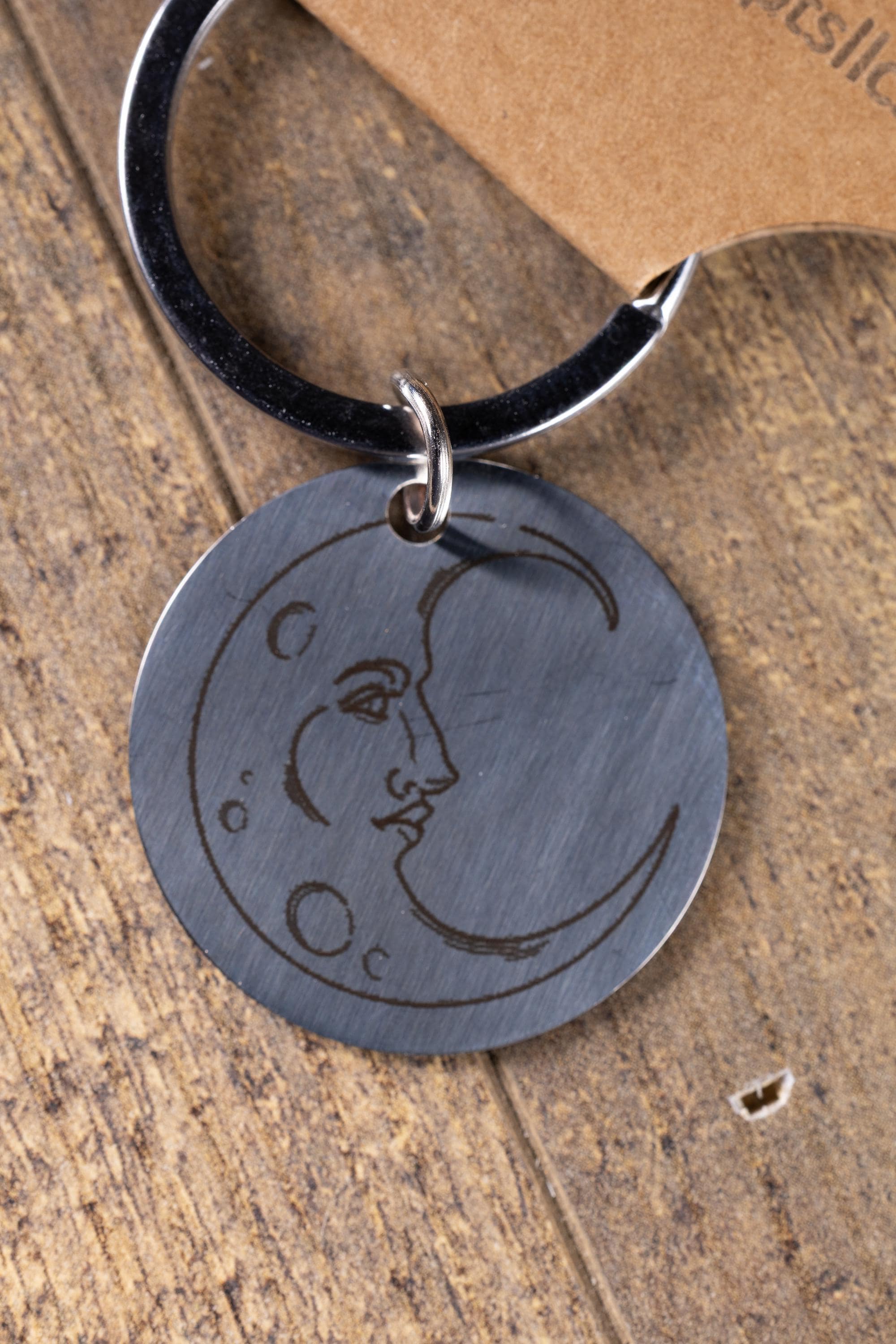 Engraved moon keychain: polished stainless steel celestial gift