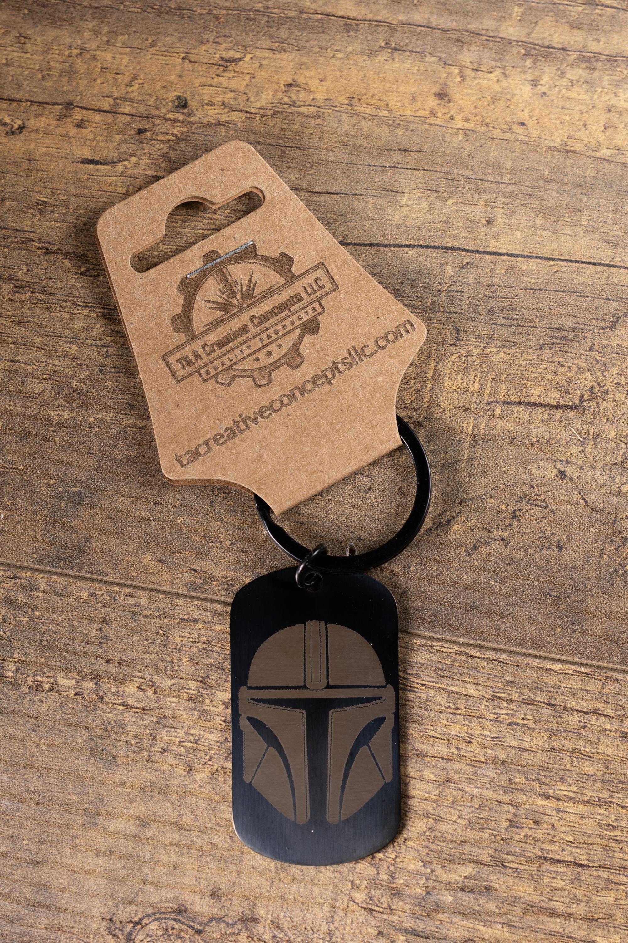 Black stainless steel mandalorian keychain | laser engraved star wars metal | same image both sides | durable gift