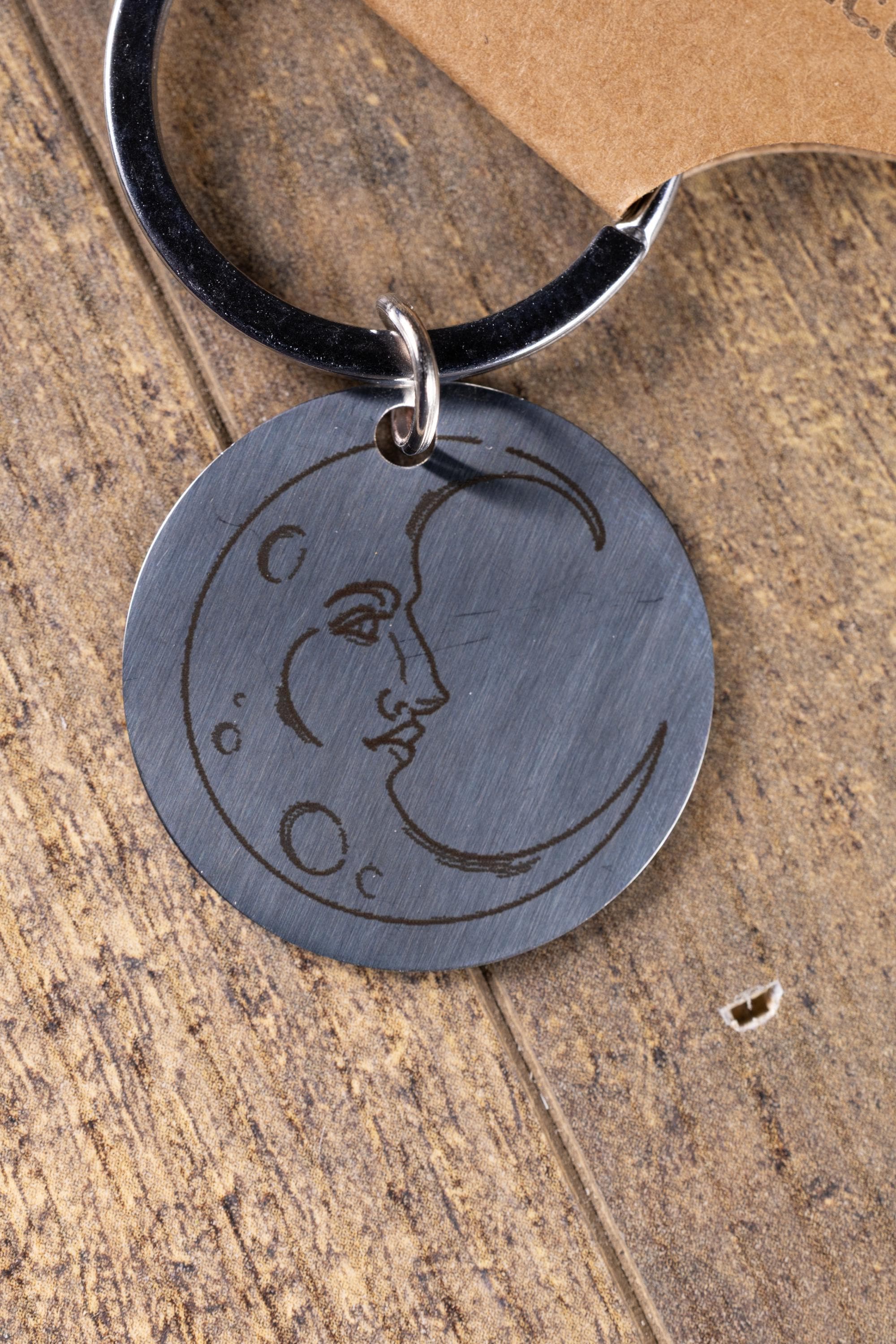 Engraved moon keychain: polished stainless steel celestial gift