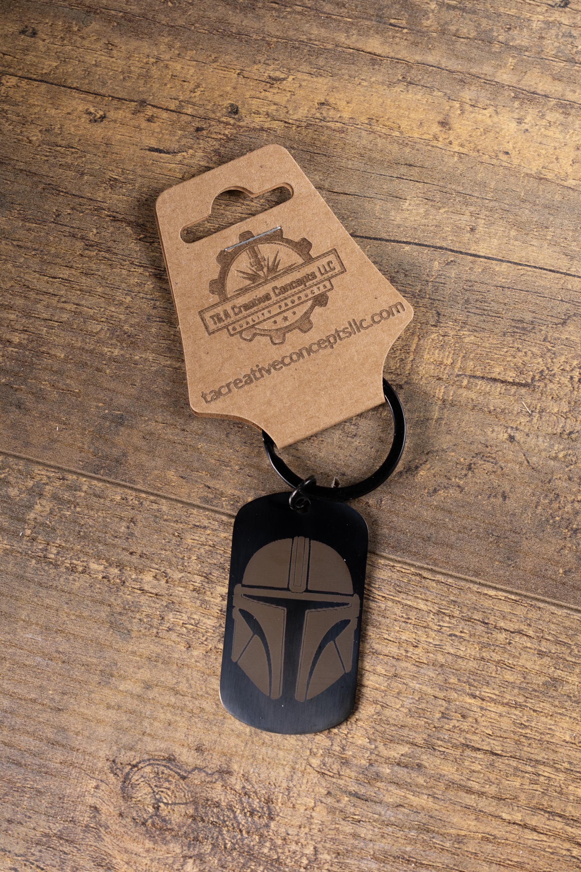 Black stainless steel mandalorian keychain | laser engraved star wars metal | same image both sides | durable gift