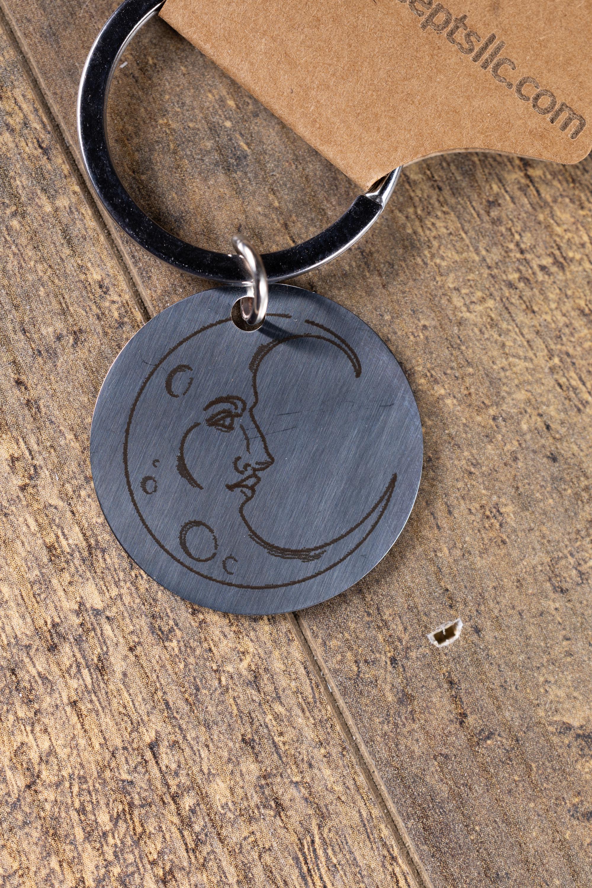 Engraved moon keychain: polished stainless steel celestial gift