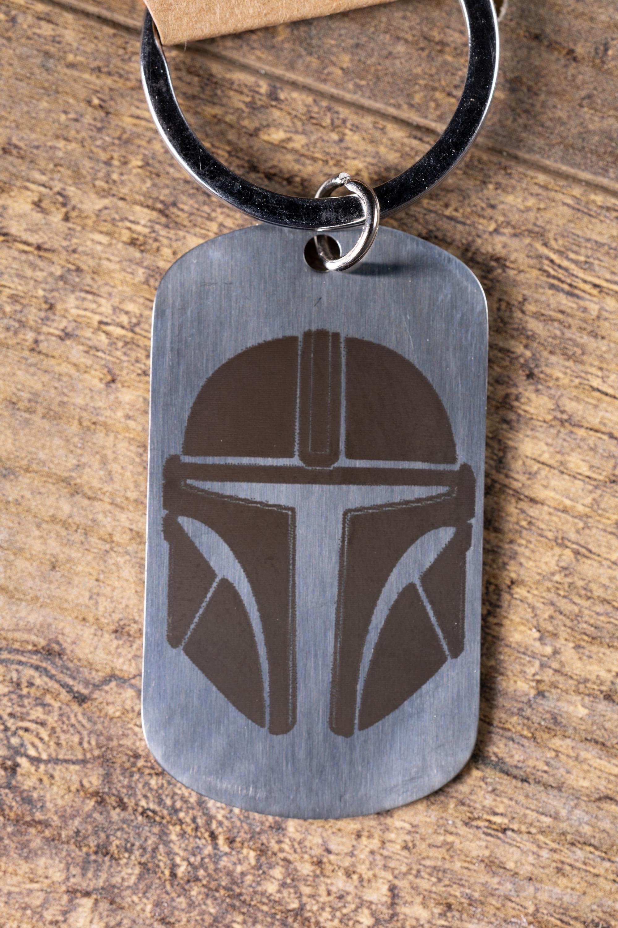 Polished stainless steel mandalorian keychain | laser engraved star wars metal | same image both sides | durable gift